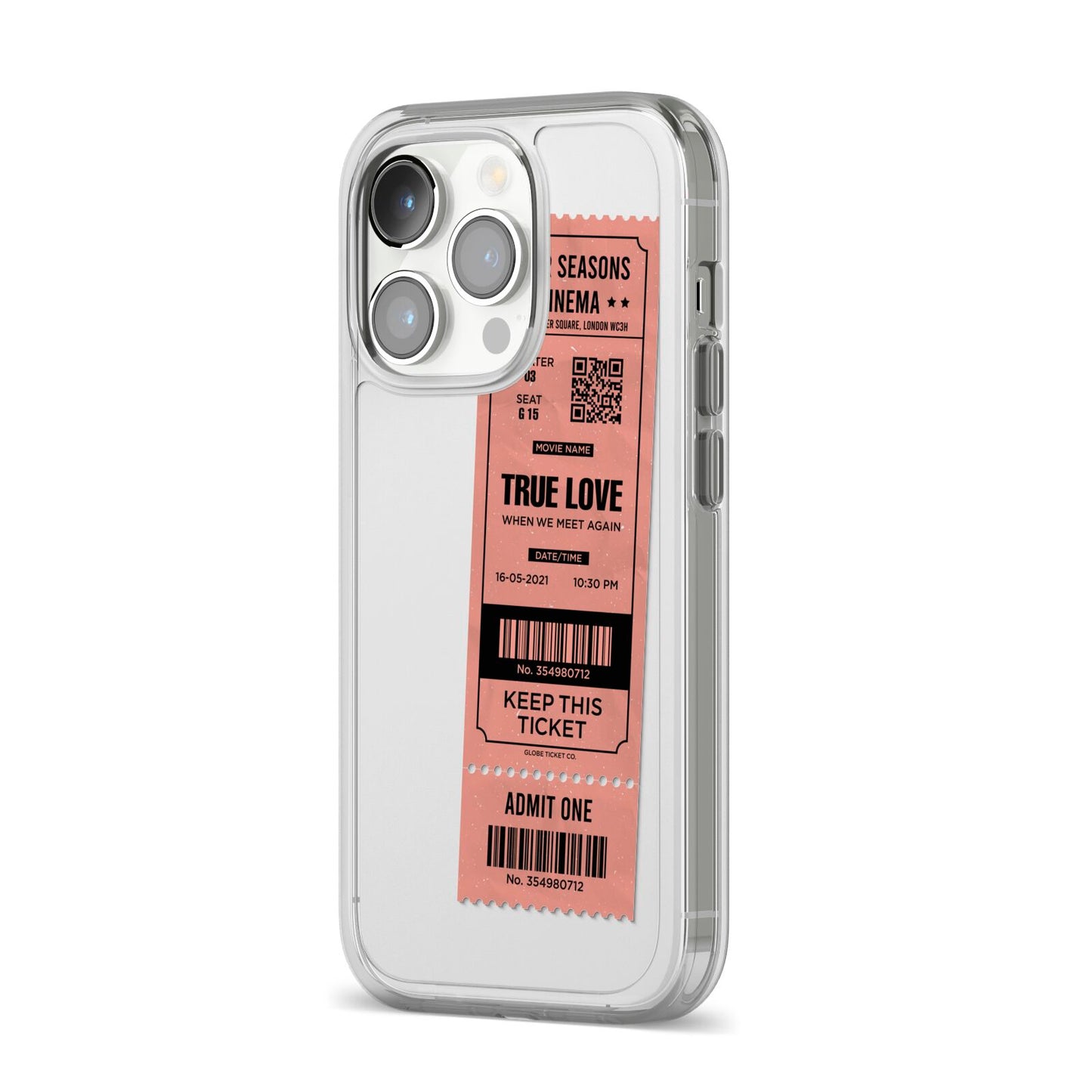 Personalised Cinema Ticket iPhone 14 Pro Clear Tough Case Silver Angled Image