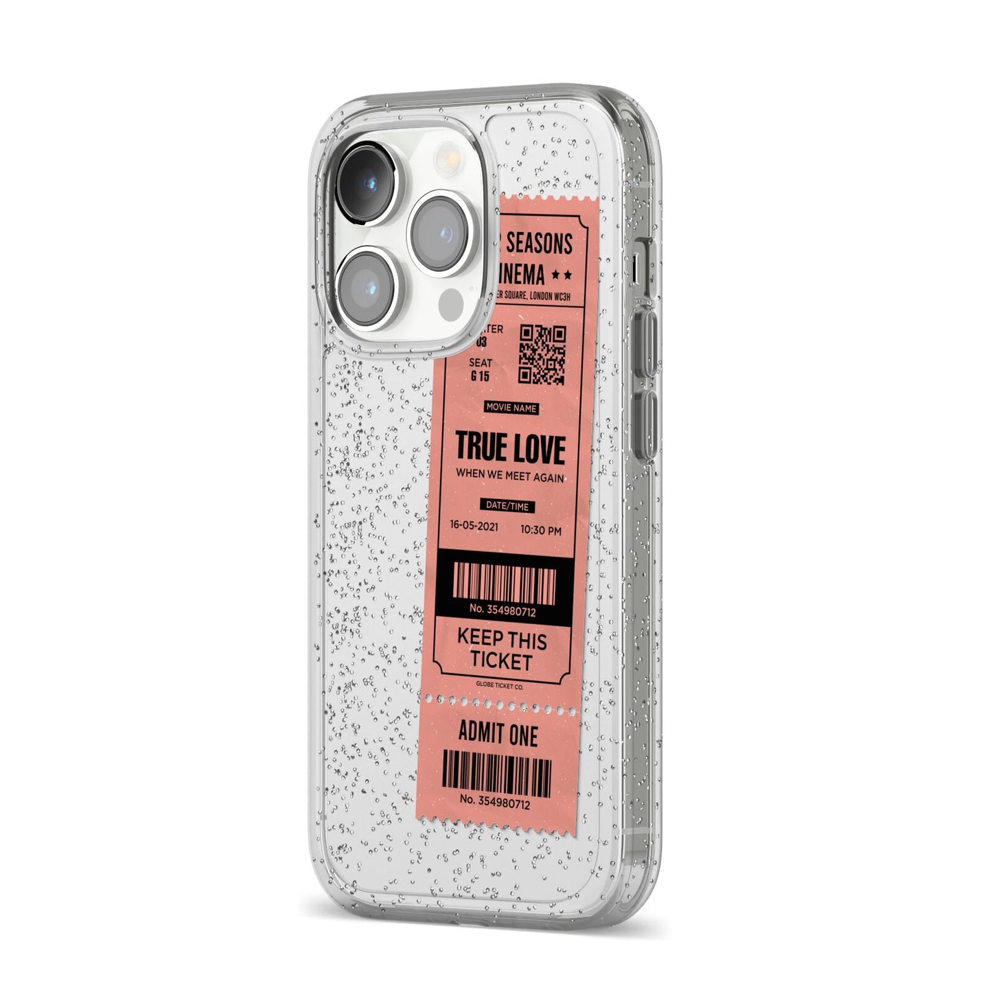 Personalised Cinema Ticket iPhone 14 Pro Glitter Tough Case Silver Angled Image