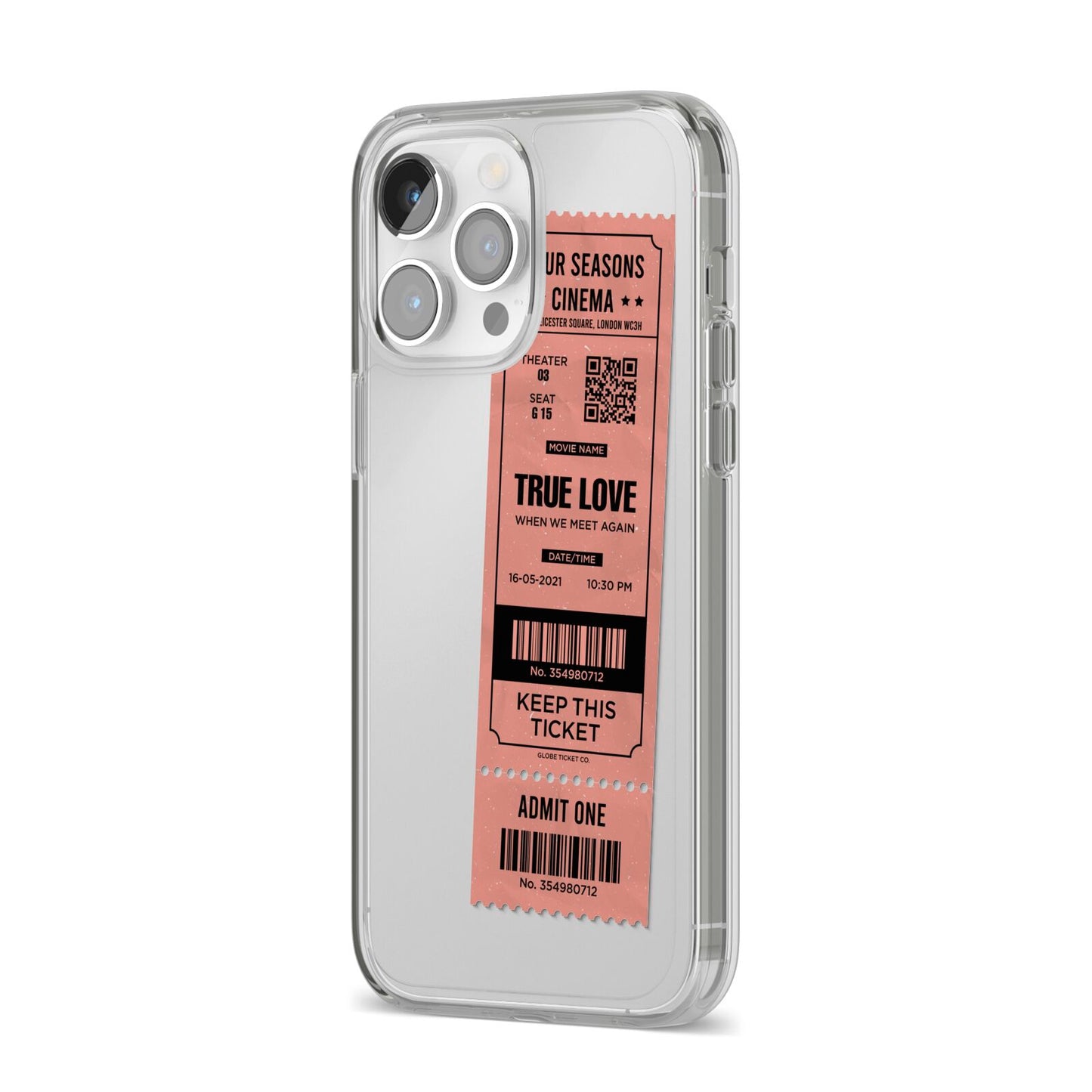 Personalised Cinema Ticket iPhone 14 Pro Max Clear Tough Case Silver Angled Image