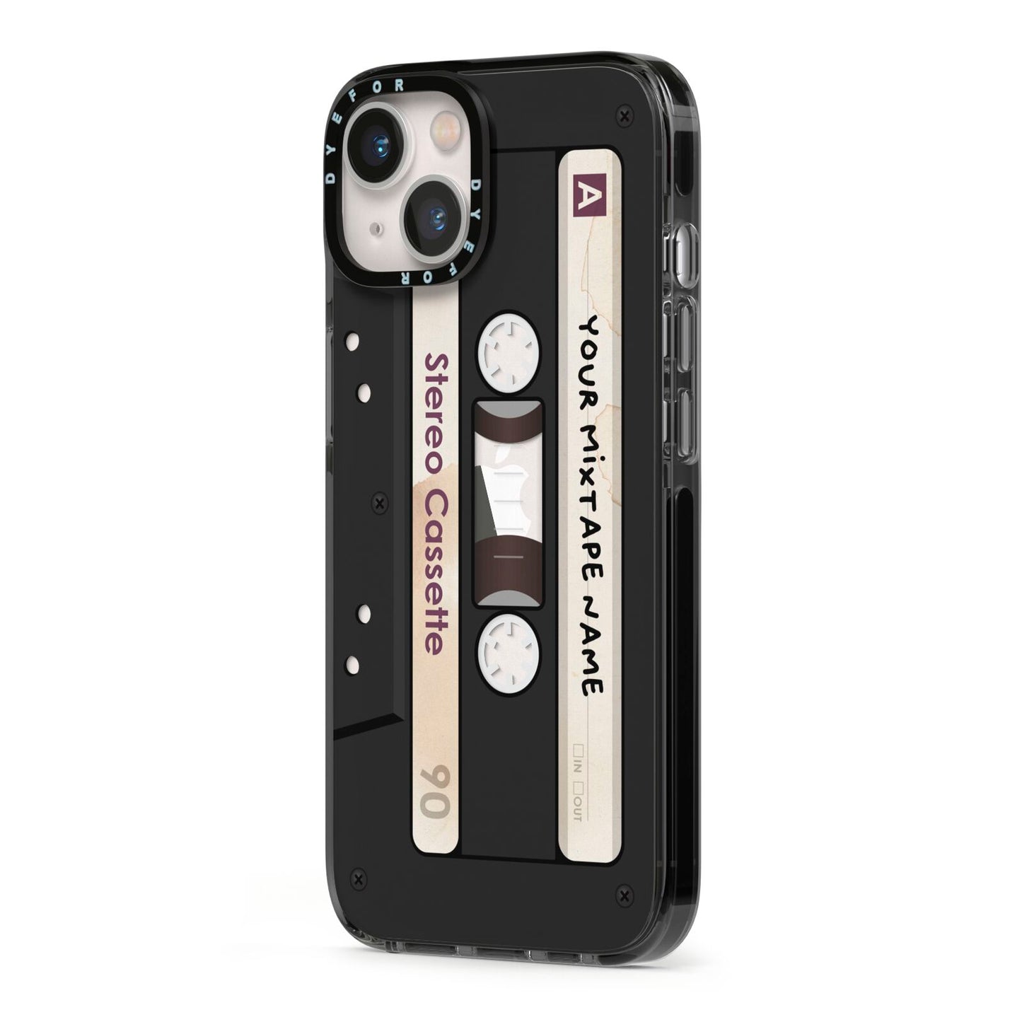 Personalised Classic Mixtape iPhone 13 Black Impact Case Side Angle on Silver phone