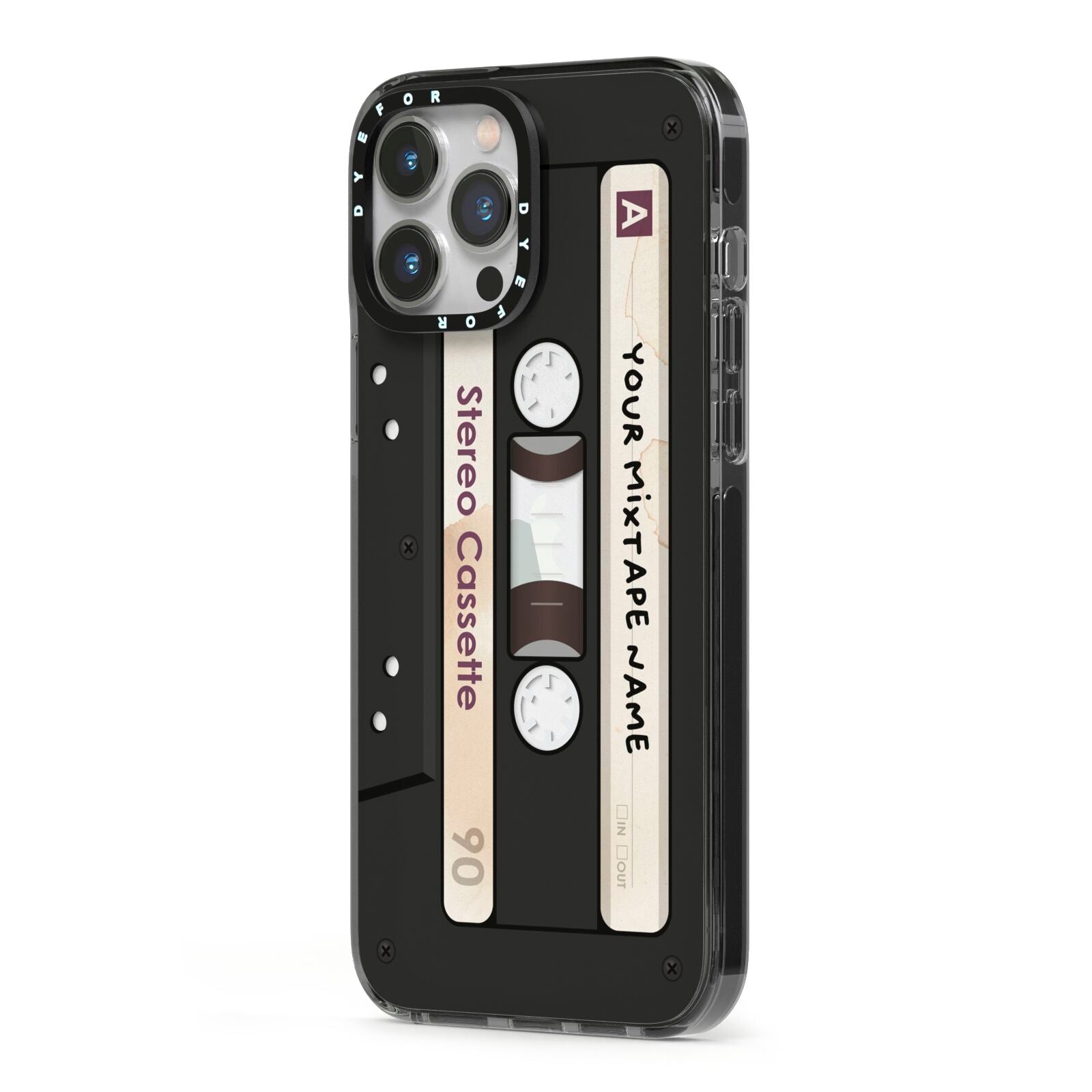 Personalised Classic Mixtape iPhone 13 Pro Max Black Impact Case Side Angle on Silver phone