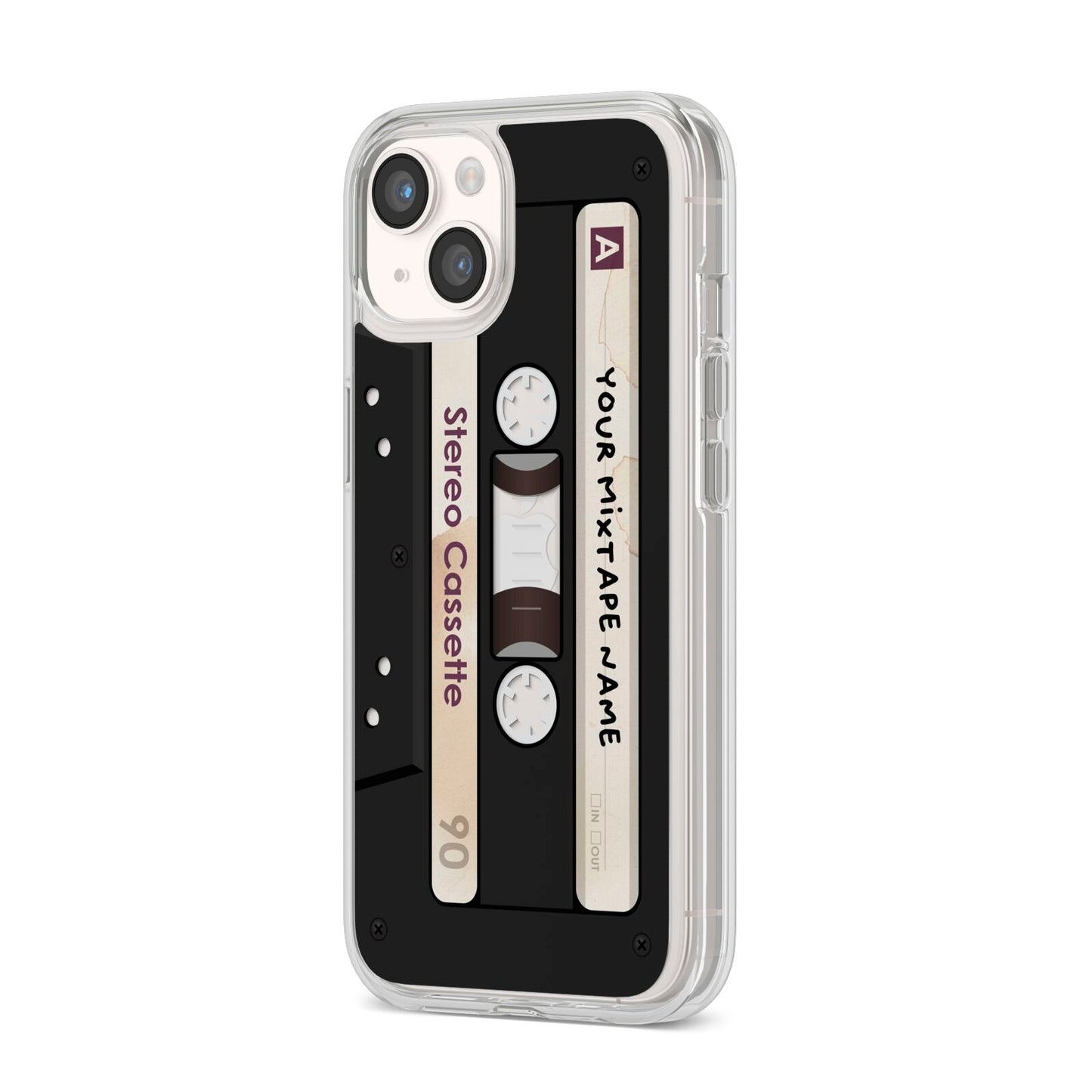 Personalised Classic Mixtape iPhone 14 Clear Tough Case Starlight Angled Image