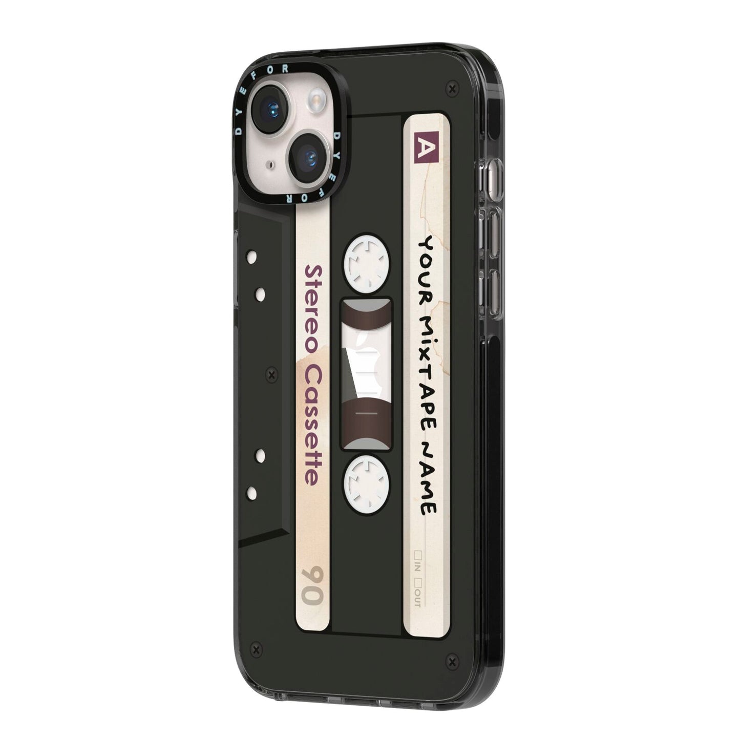 Personalised Classic Mixtape iPhone 14 Plus Black Impact Case Side Angle on Silver phone