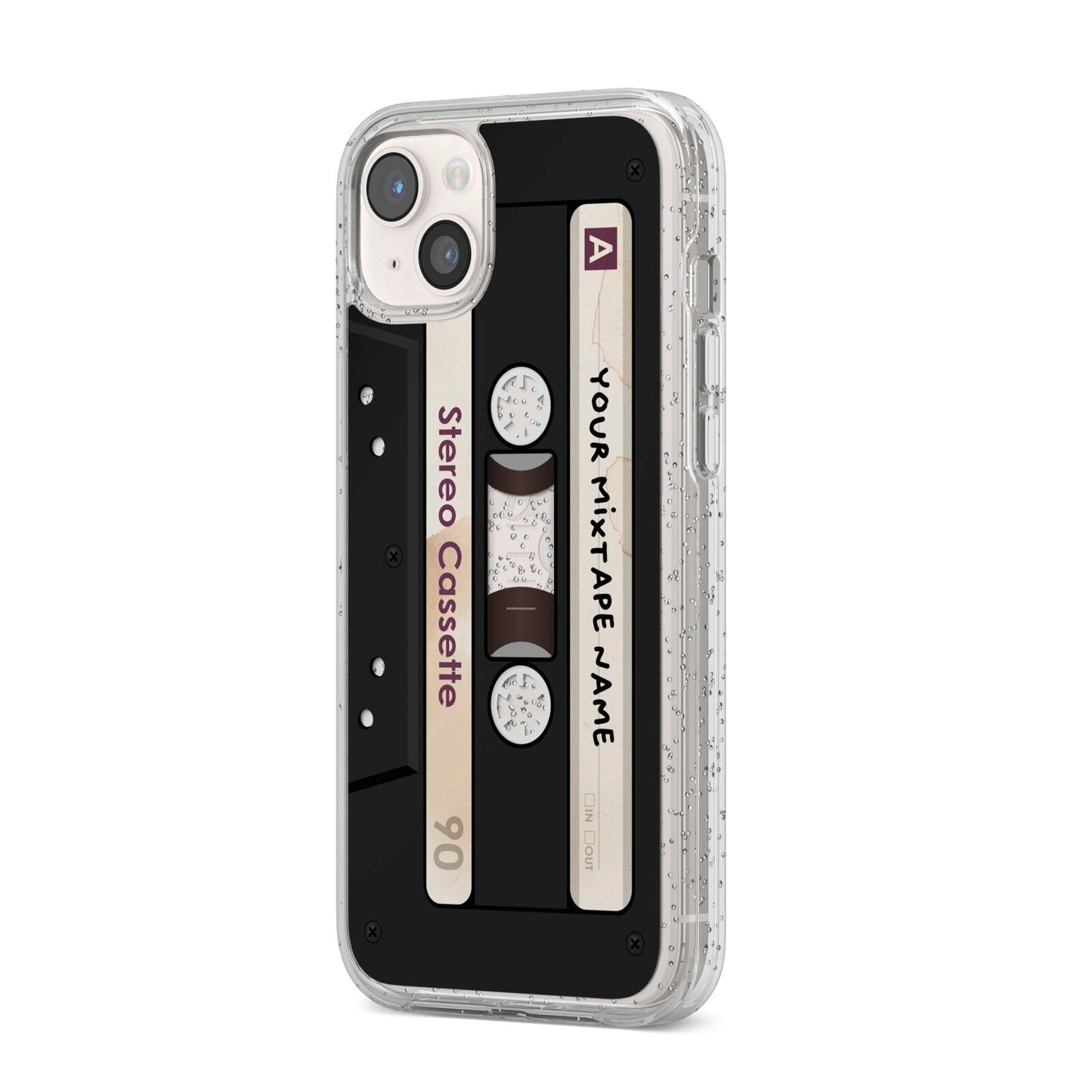 Personalised Classic Mixtape iPhone 14 Plus Glitter Tough Case Starlight Angled Image