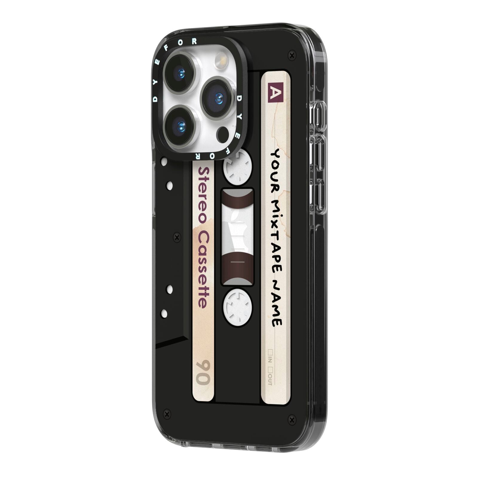 Personalised Classic Mixtape iPhone 14 Pro Black Impact Case Side Angle on Silver phone