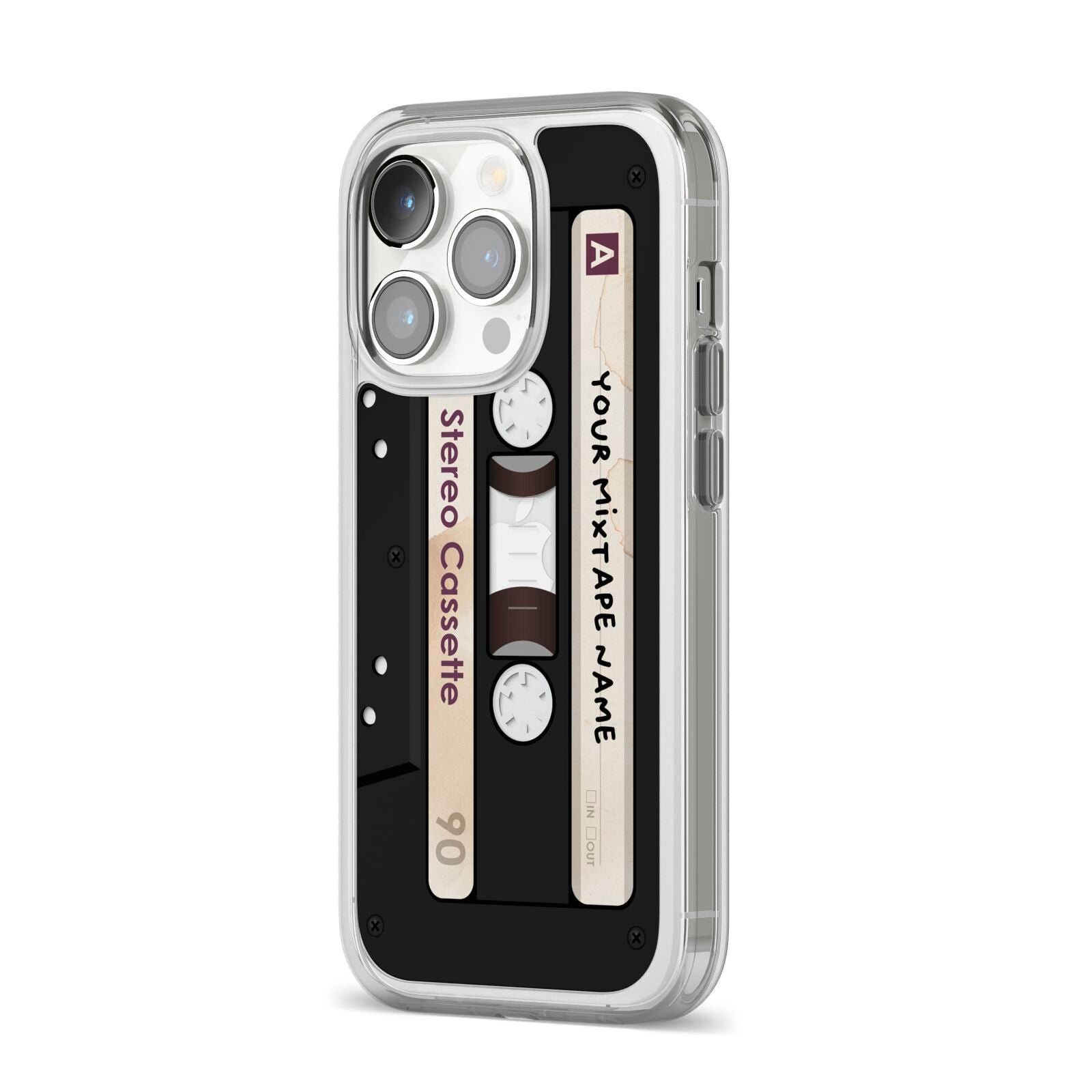 Personalised Classic Mixtape iPhone 14 Pro Clear Tough Case Silver Angled Image