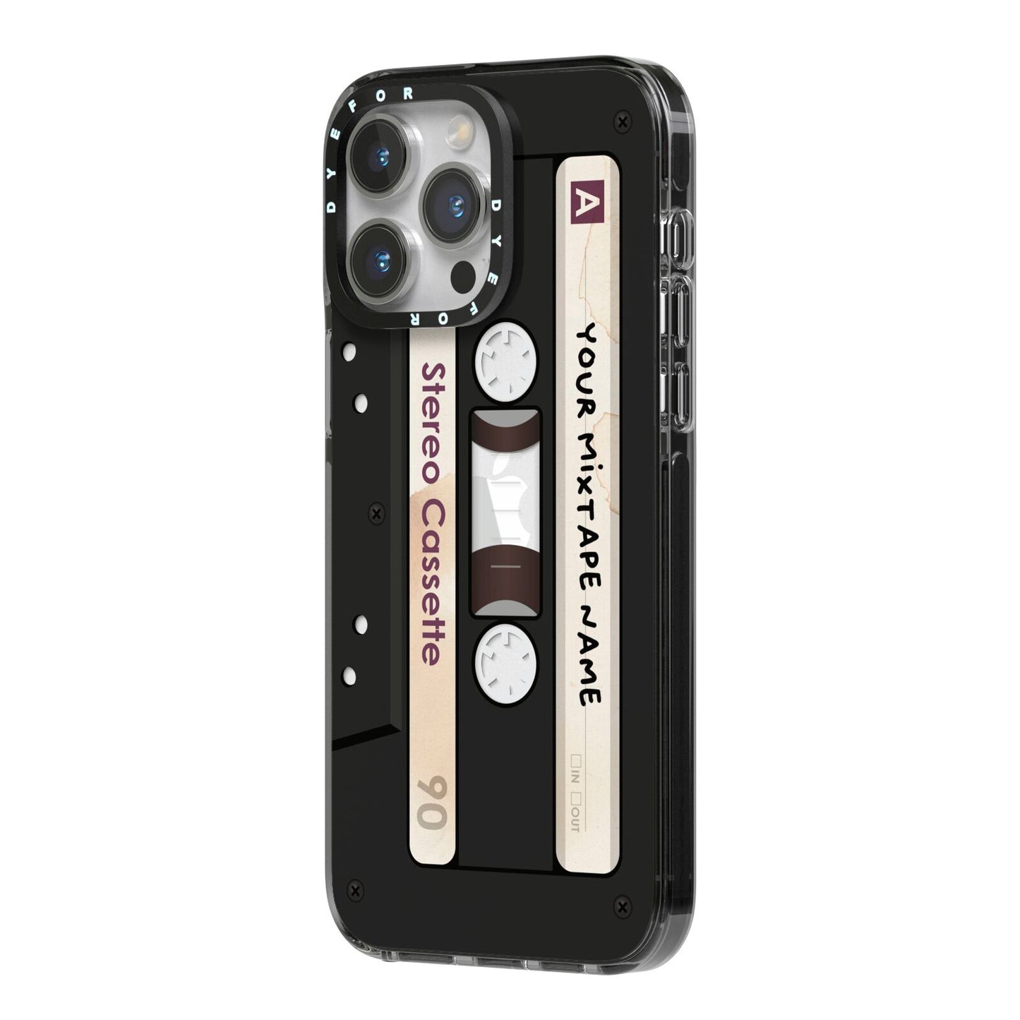 Personalised Classic Mixtape iPhone 14 Pro Max Black Impact Case Side Angle on Silver phone