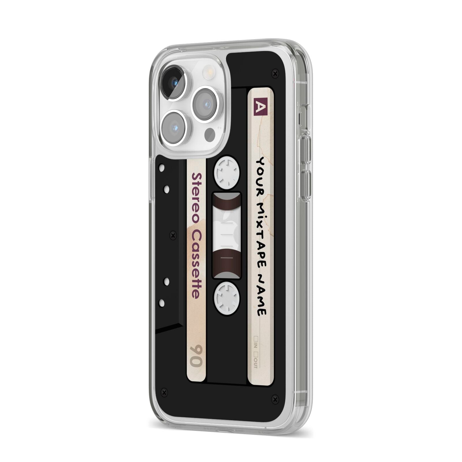 Personalised Classic Mixtape iPhone 14 Pro Max Clear Tough Case Silver Angled Image