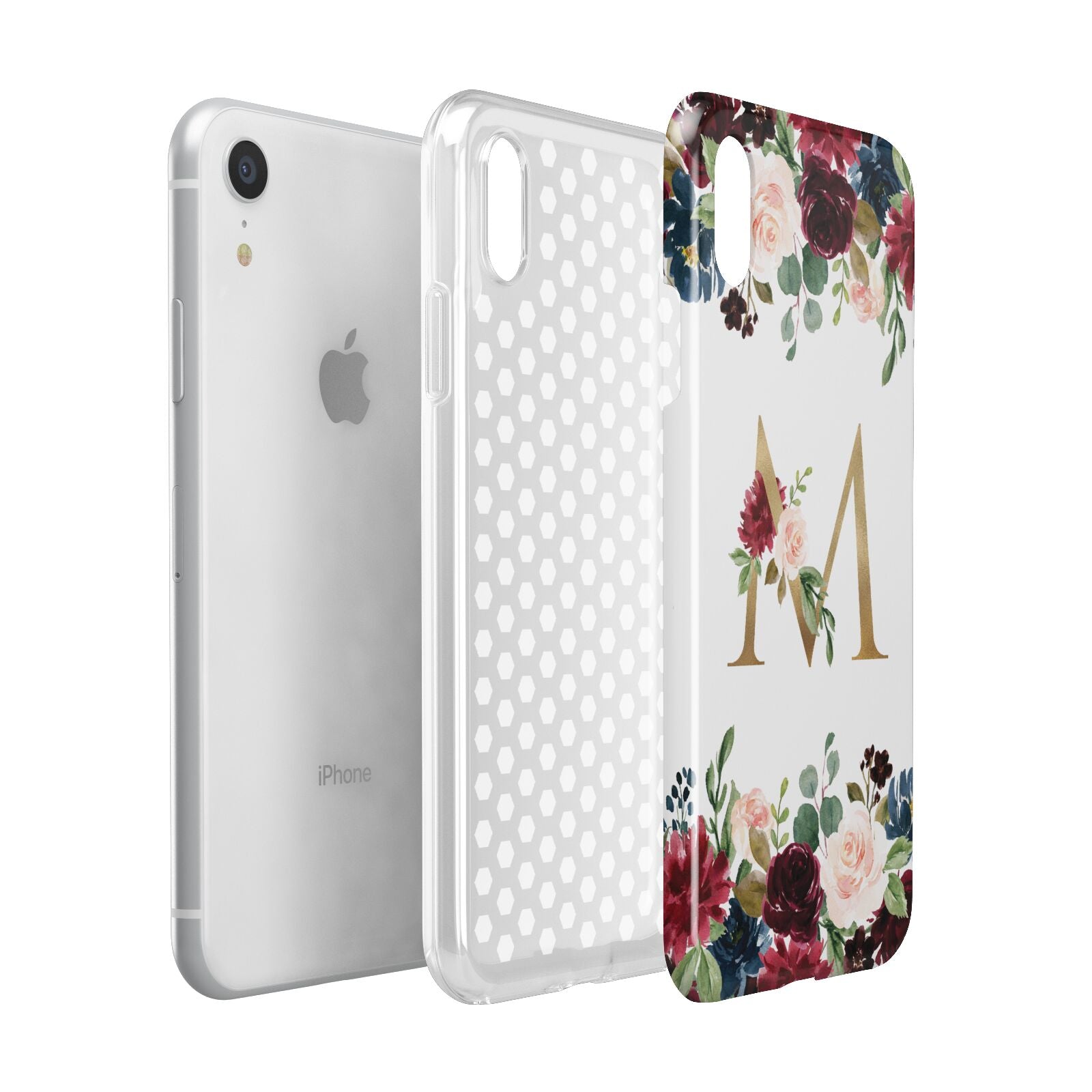 Personalised Clear Monogram Floral Apple iPhone XR White 3D Tough Case Expanded view