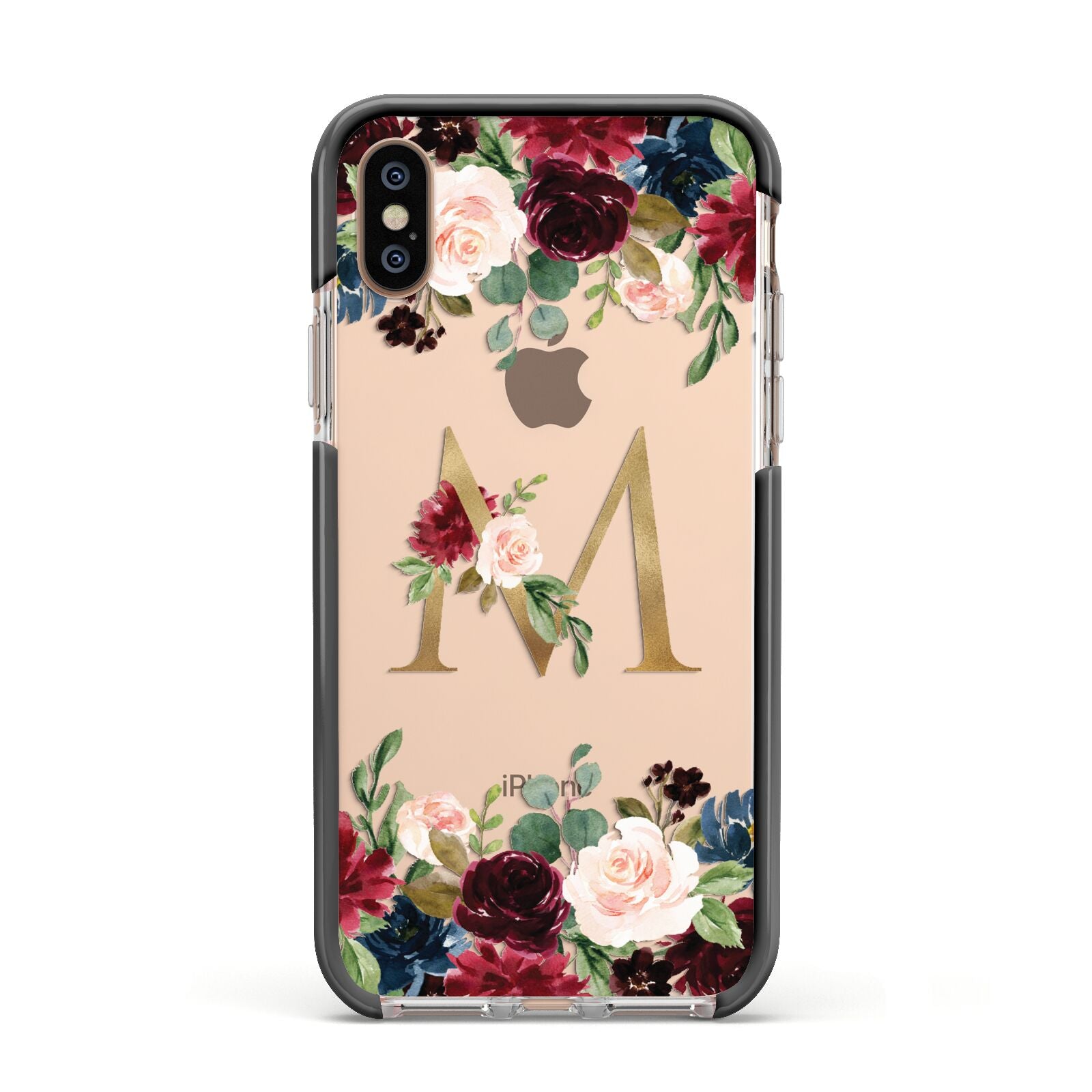 Personalised Clear Monogram Floral Apple iPhone Xs Impact Case Black Edge on Gold Phone