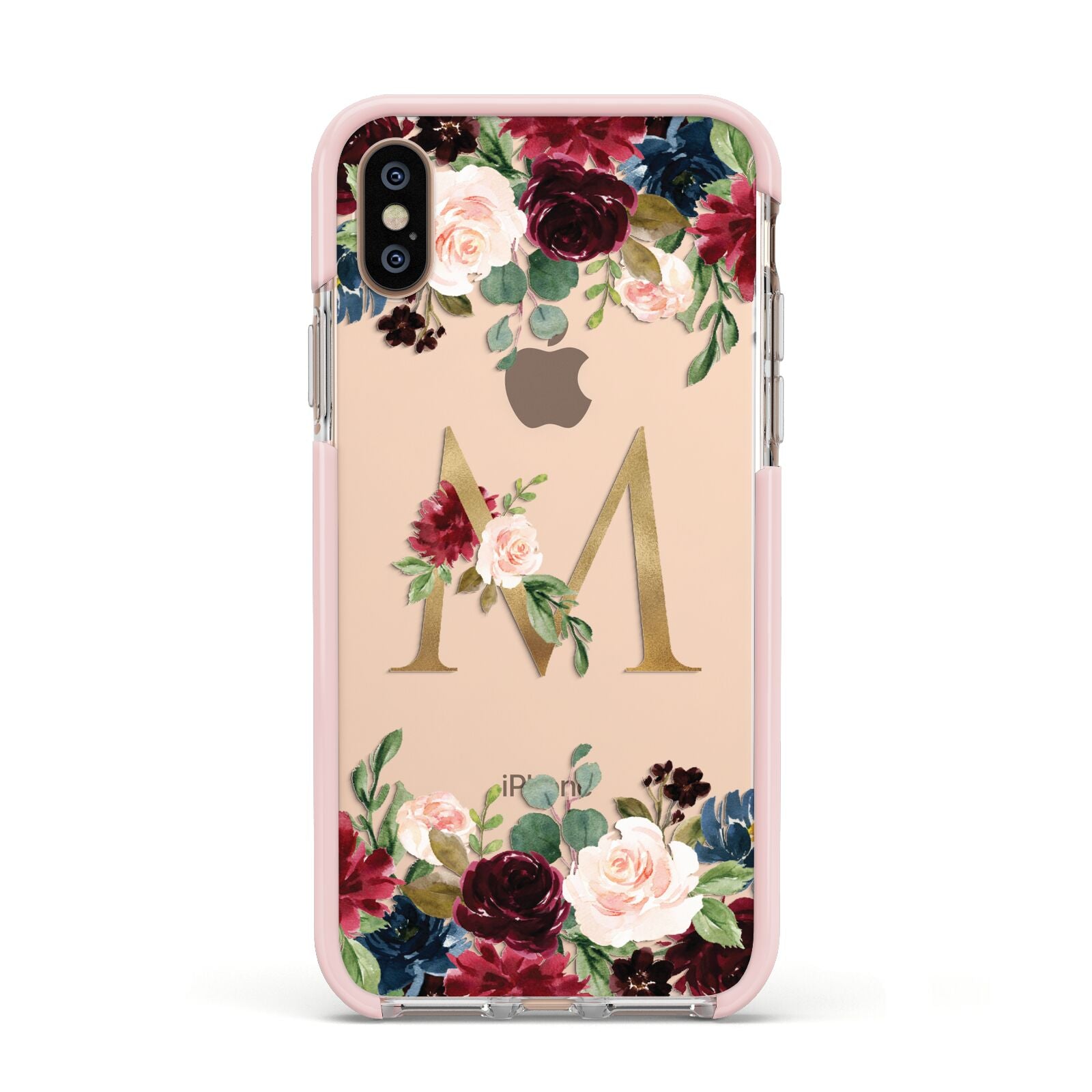 Personalised Clear Monogram Floral Apple iPhone Xs Impact Case Pink Edge on Gold Phone