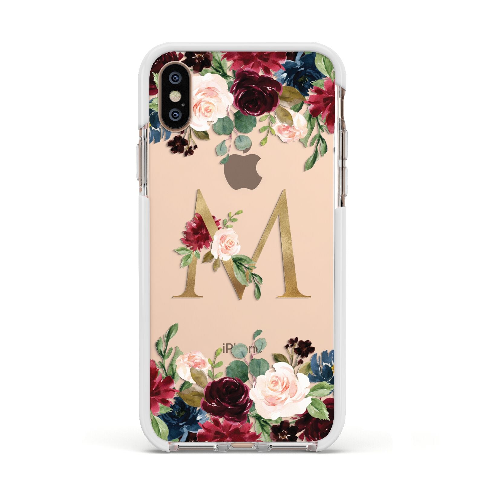 Personalised Clear Monogram Floral Apple iPhone Xs Impact Case White Edge on Gold Phone