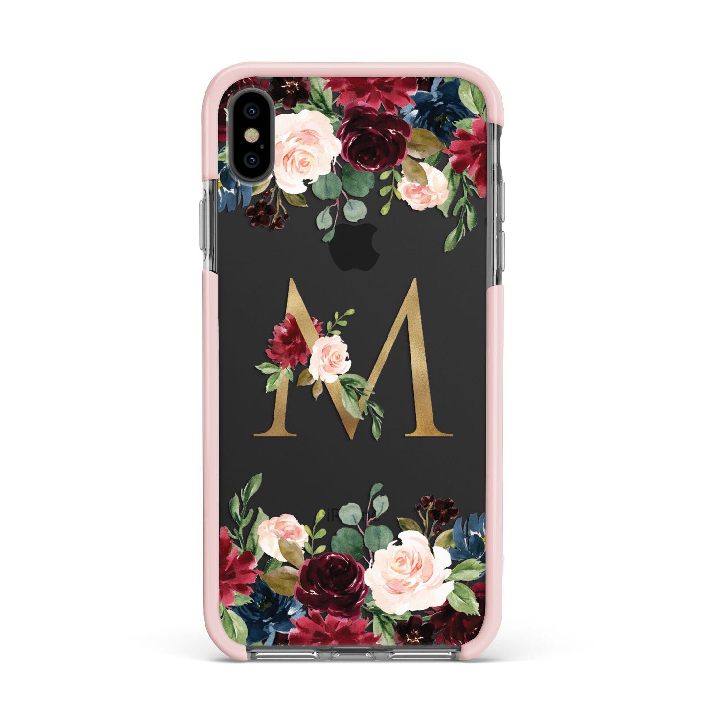 Personalised Clear Monogram Floral Apple iPhone Xs Max Impact Case Pink Edge on Black Phone