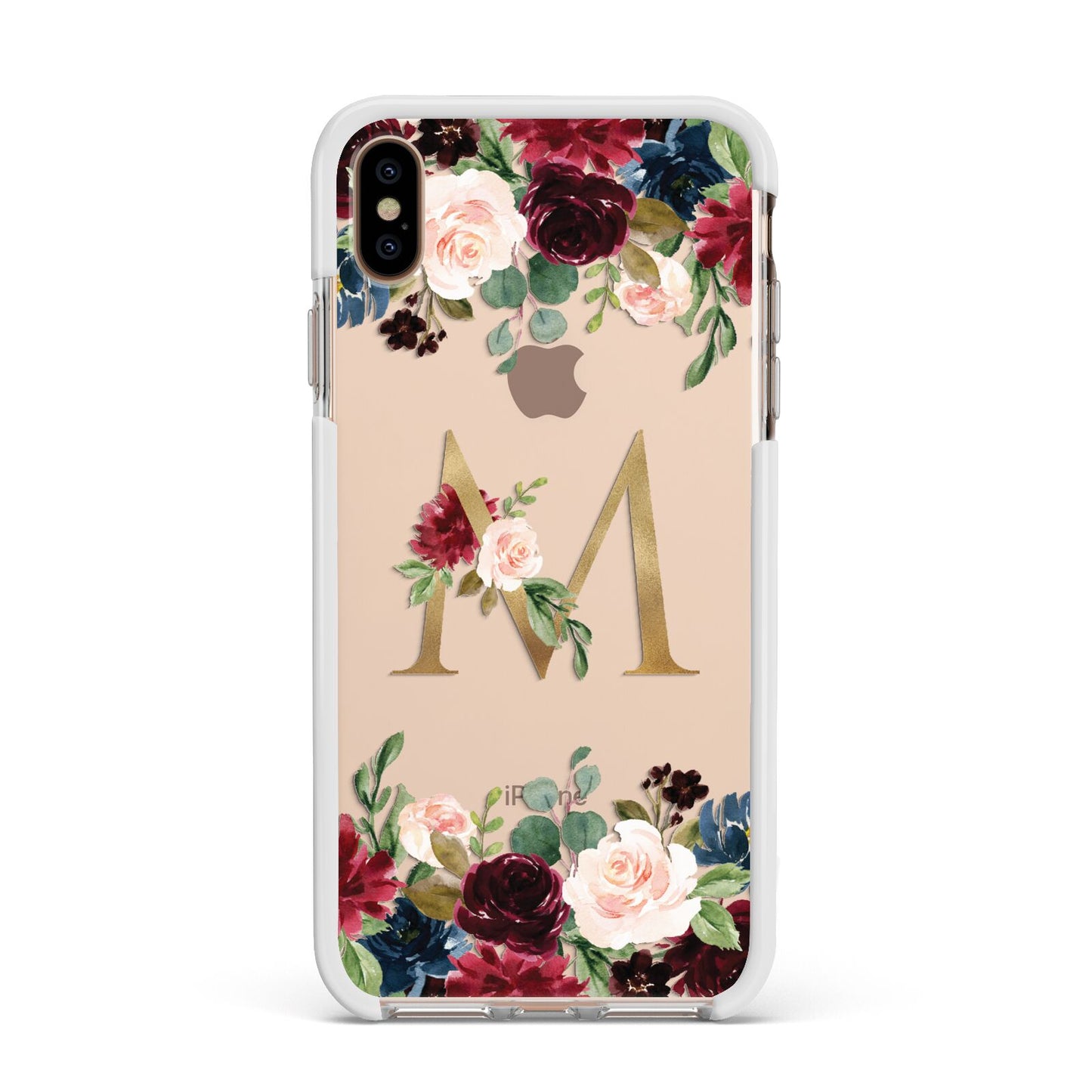 Personalised Clear Monogram Floral Apple iPhone Xs Max Impact Case White Edge on Gold Phone