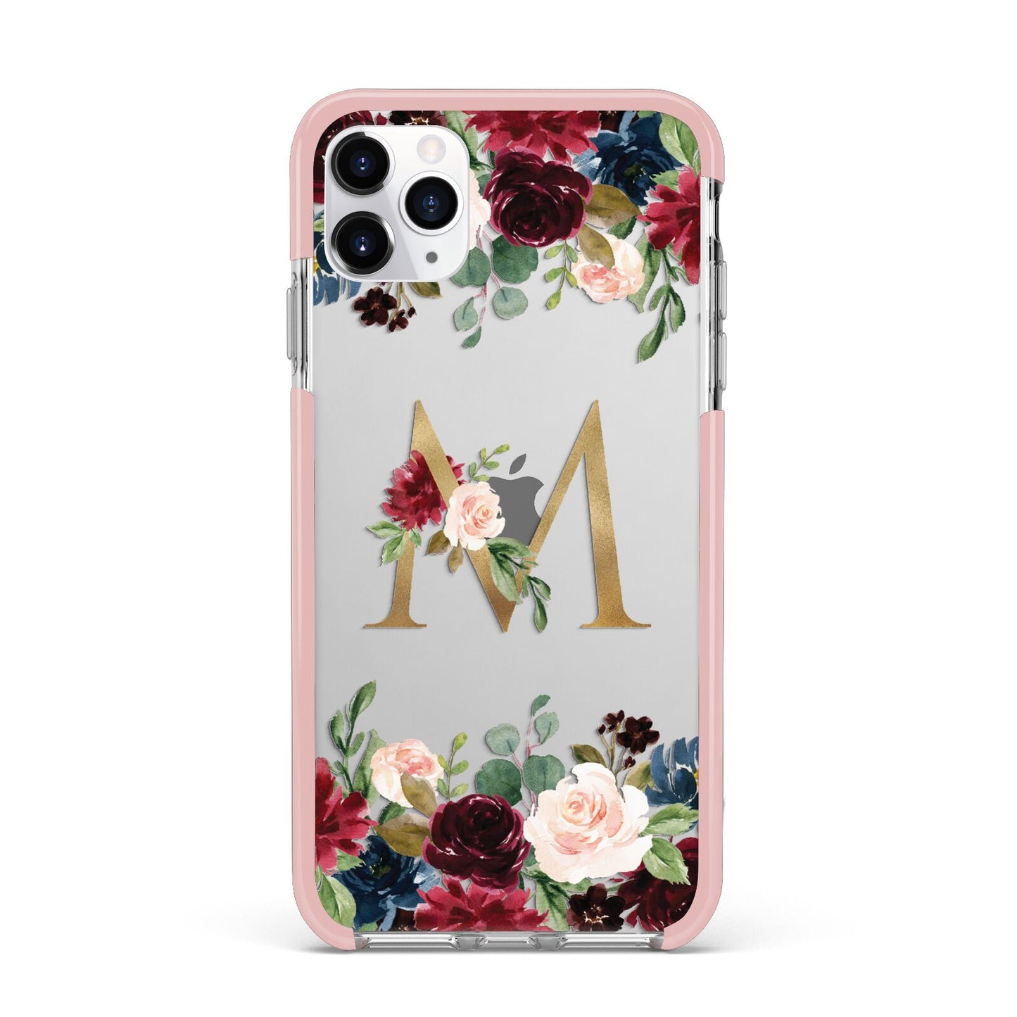 Personalised Clear Monogram Floral iPhone 11 Pro Max Impact Pink Edge Case