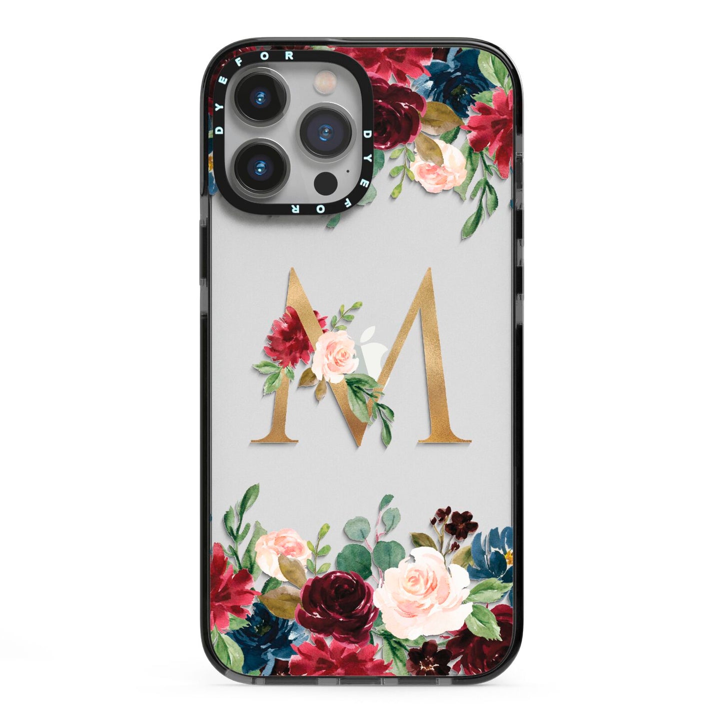 Personalised Clear Monogram Floral iPhone 13 Pro Max Black Impact Case on Silver phone