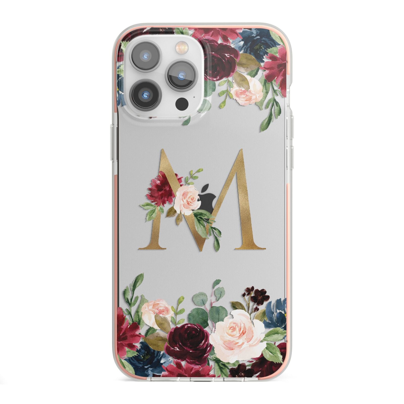 Personalised Clear Monogram Floral iPhone 13 Pro Max TPU Impact Case with Pink Edges