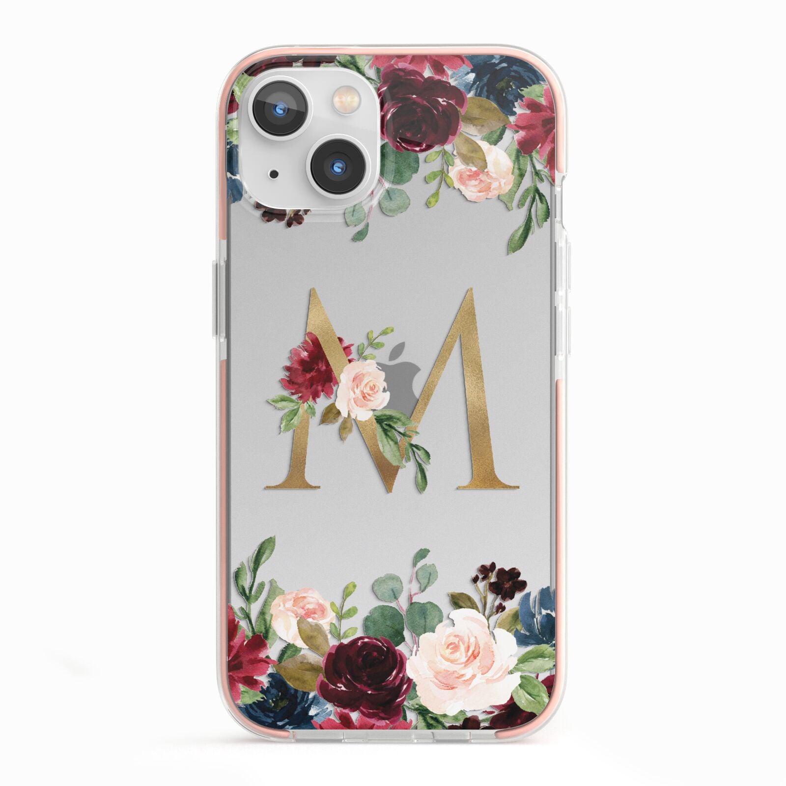 Personalised Clear Monogram Floral iPhone 13 TPU Impact Case with Pink Edges
