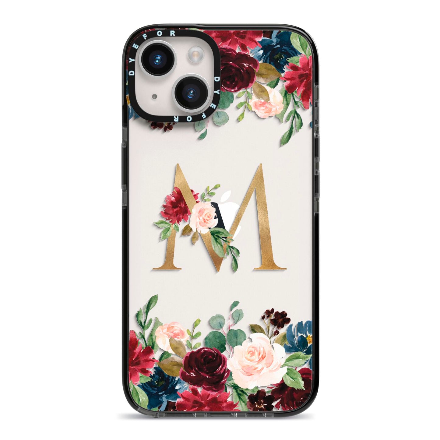 Personalised Clear Monogram Floral iPhone 14 Black Impact Case on Silver phone