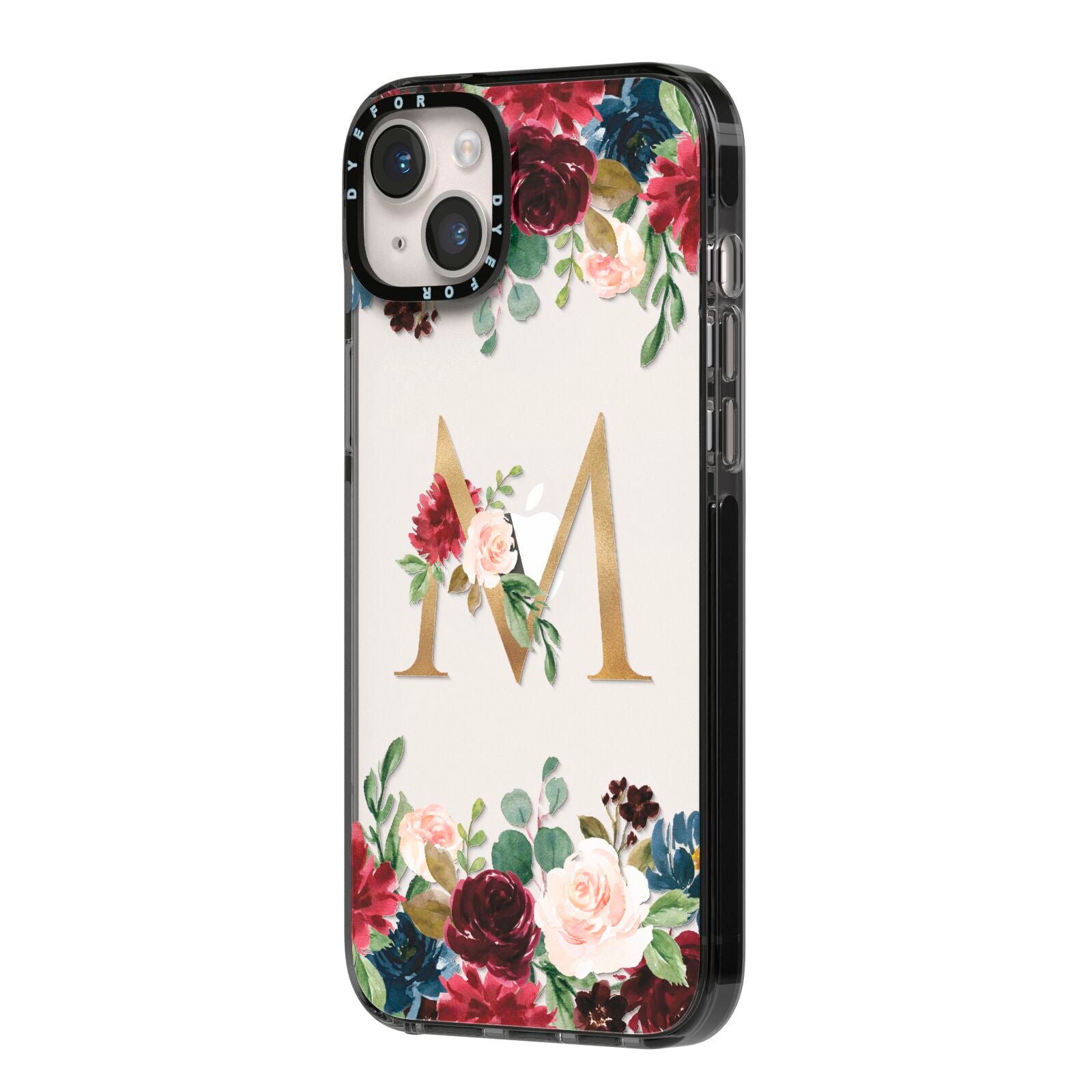 Personalised Clear Monogram Floral iPhone 14 Plus Black Impact Case Side Angle on Silver phone