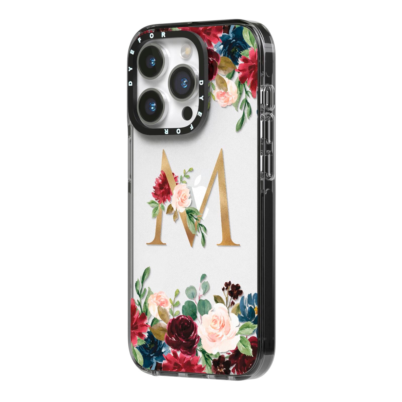 Personalised Clear Monogram Floral iPhone 14 Pro Black Impact Case Side Angle on Silver phone