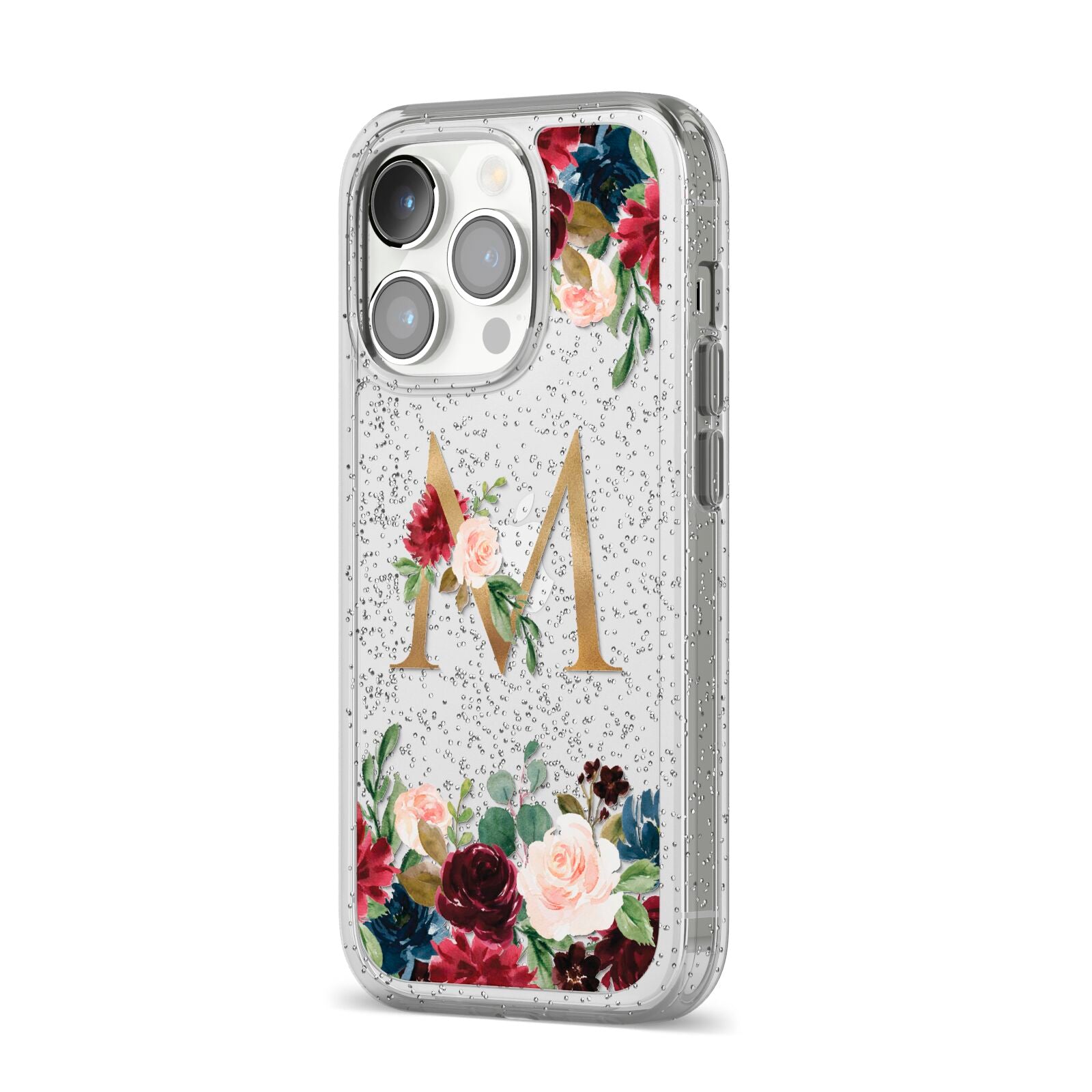 Personalised Clear Monogram Floral iPhone 14 Pro Glitter Tough Case Silver Angled Image