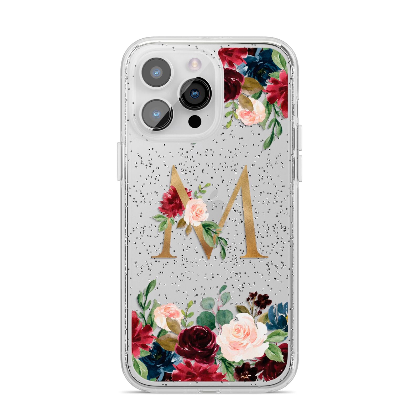 Personalised Clear Monogram Floral iPhone 14 Pro Max Glitter Tough Case Silver