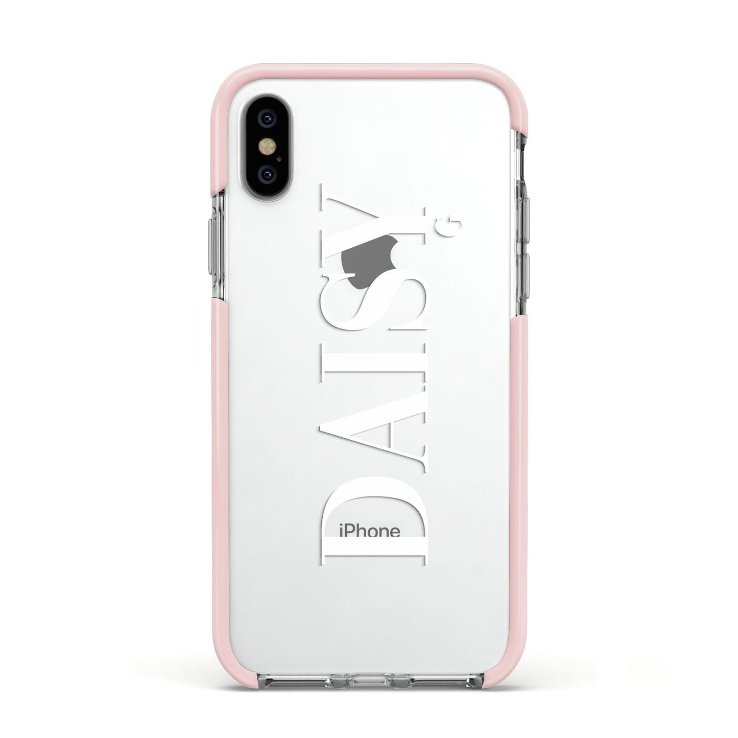 Personalised Clear Name Apple iPhone Xs Impact Case Pink Edge on Silver Phone