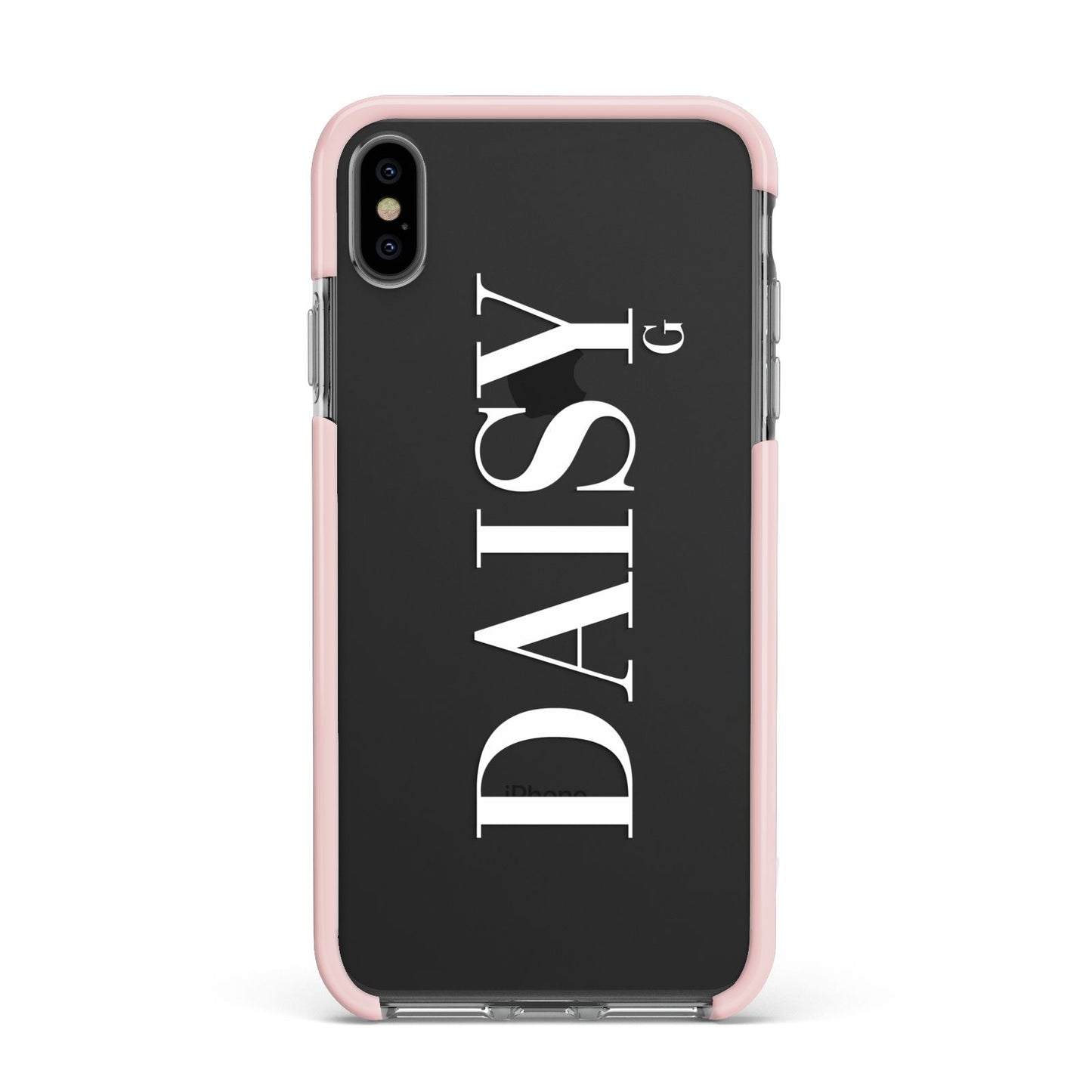 Personalised Clear Name Apple iPhone Xs Max Impact Case Pink Edge on Black Phone