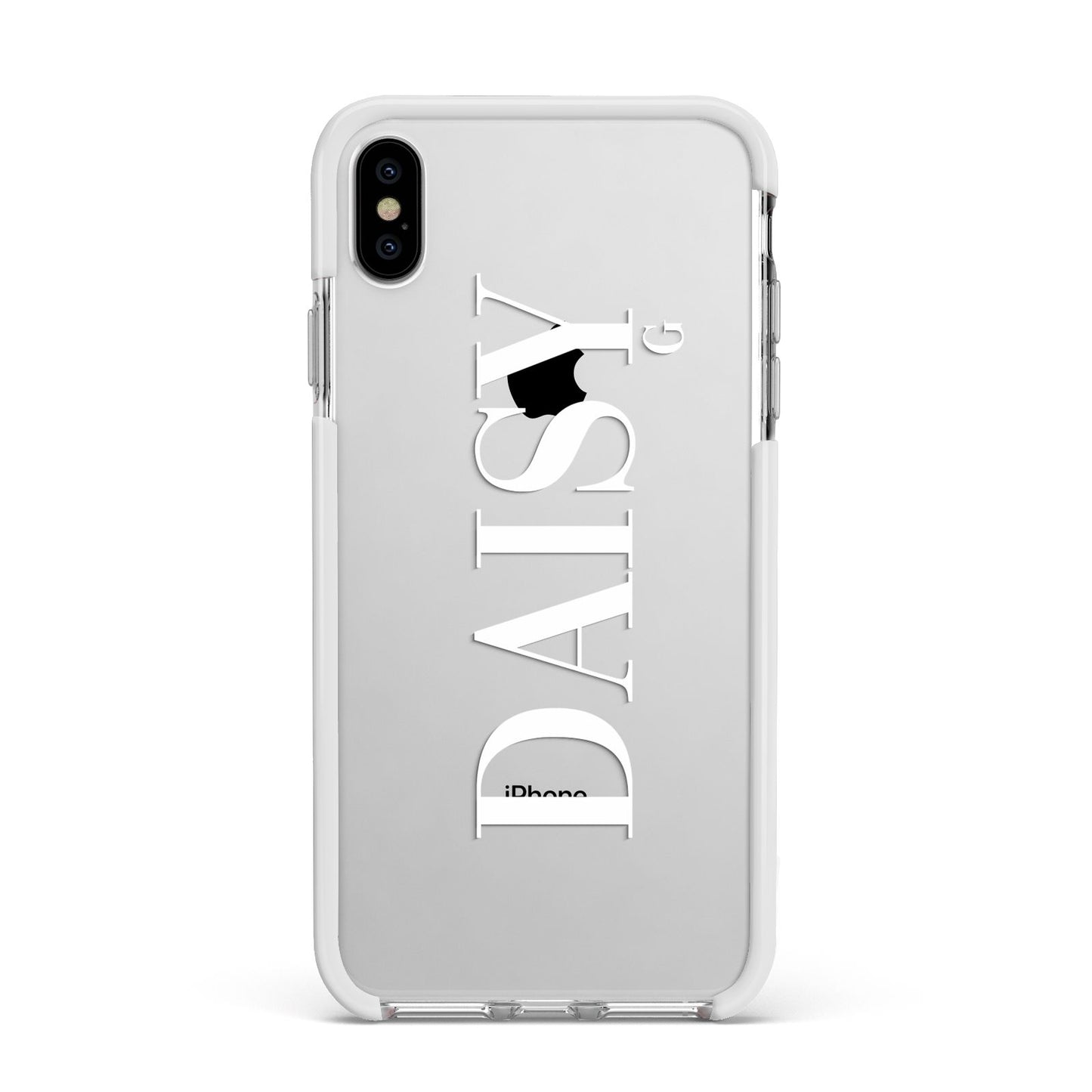 Personalised Clear Name Apple iPhone Xs Max Impact Case White Edge on Silver Phone