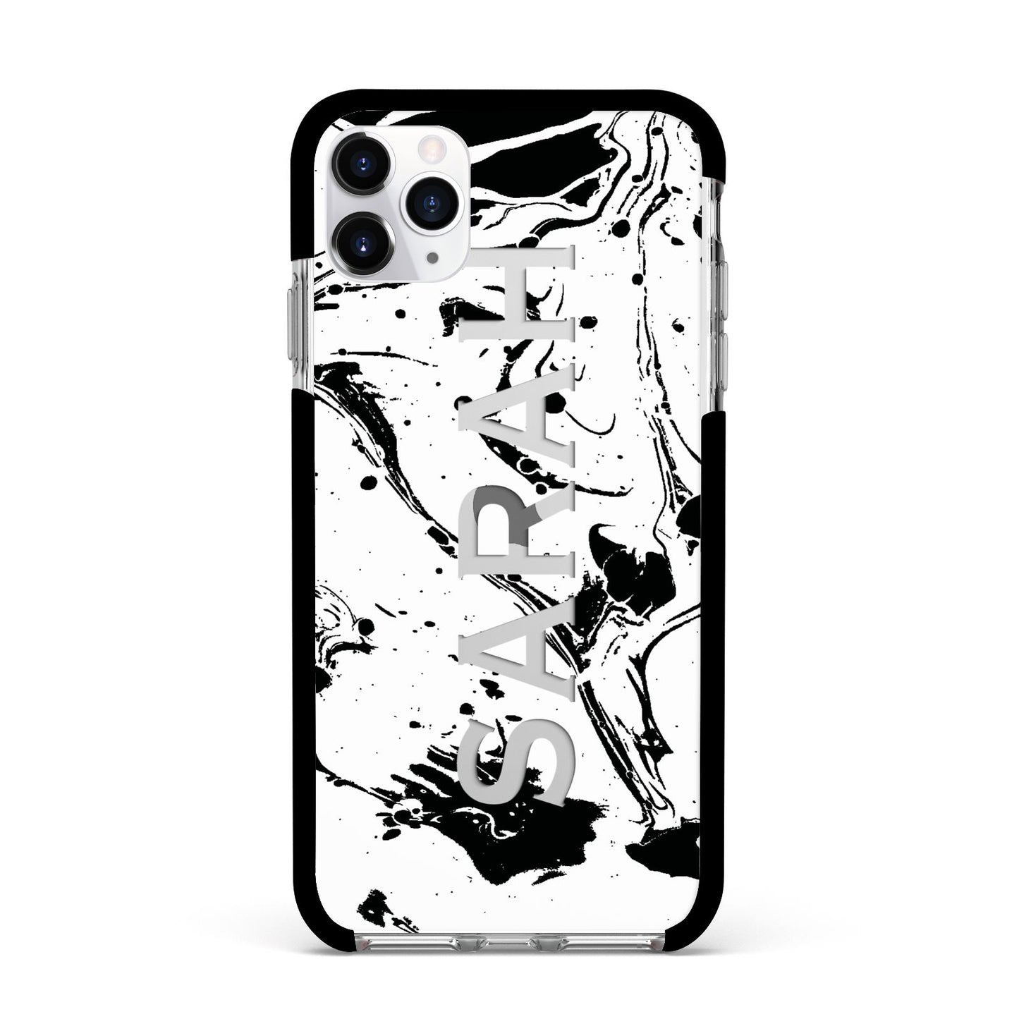 Personalised Clear Name Black Swirl Marble Custom Apple iPhone 11 Pro Max in Silver with Black Impact Case