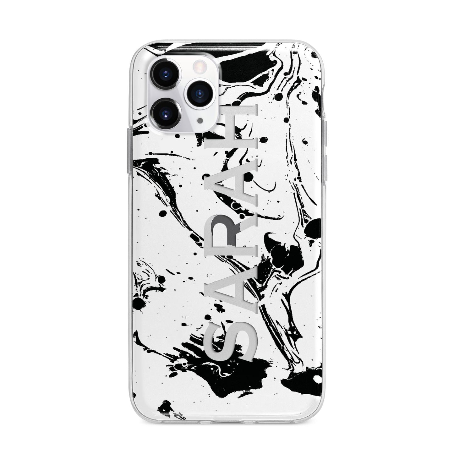 Personalised Clear Name Black Swirl Marble Custom Apple iPhone 11 Pro Max in Silver with Bumper Case