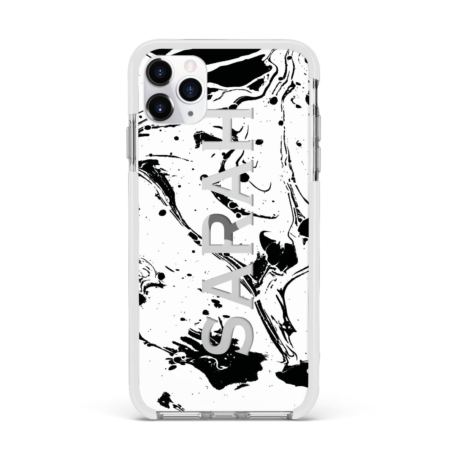 Personalised Clear Name Black Swirl Marble Custom Apple iPhone 11 Pro Max in Silver with White Impact Case