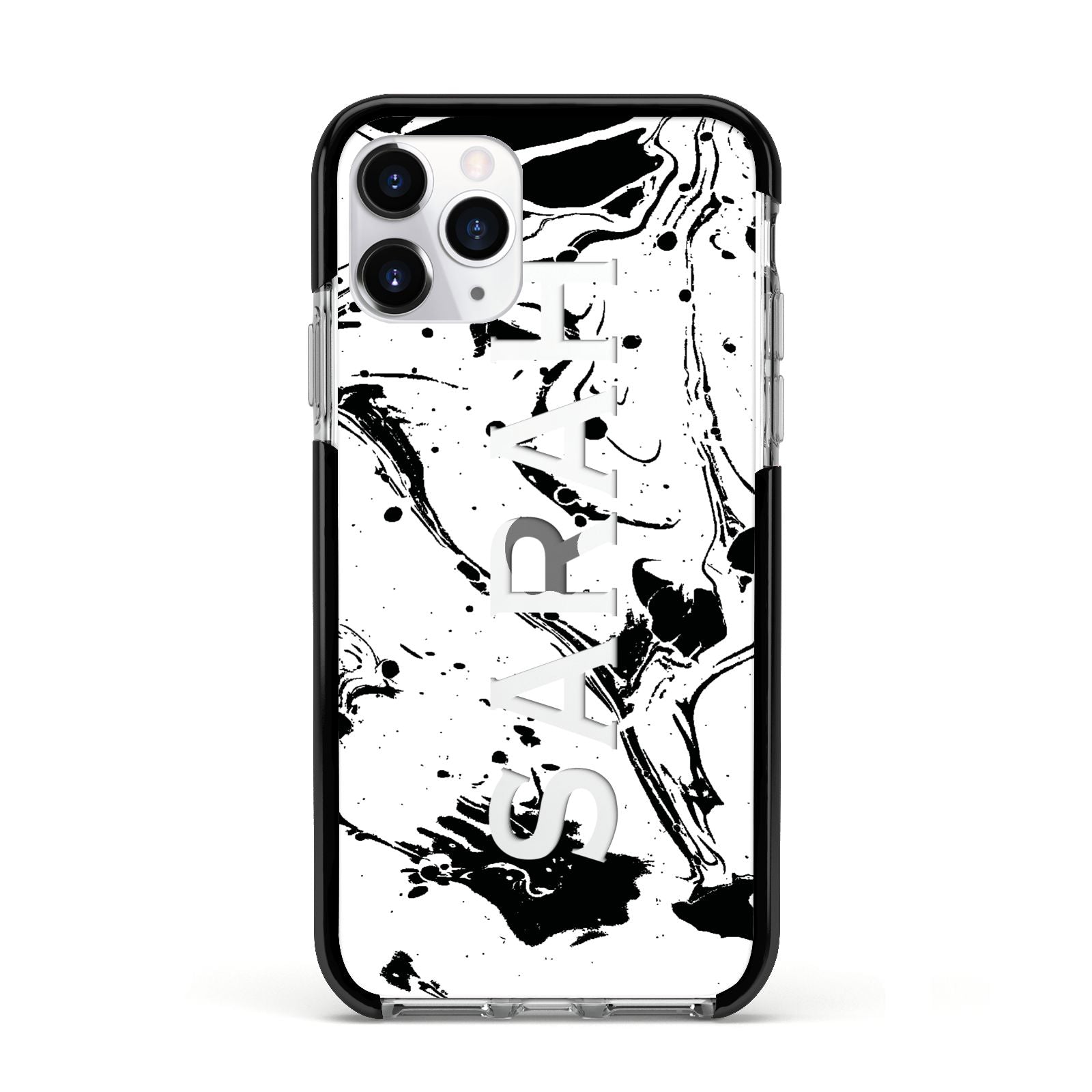 Personalised Clear Name Black Swirl Marble Custom Apple iPhone 11 Pro in Silver with Black Impact Case