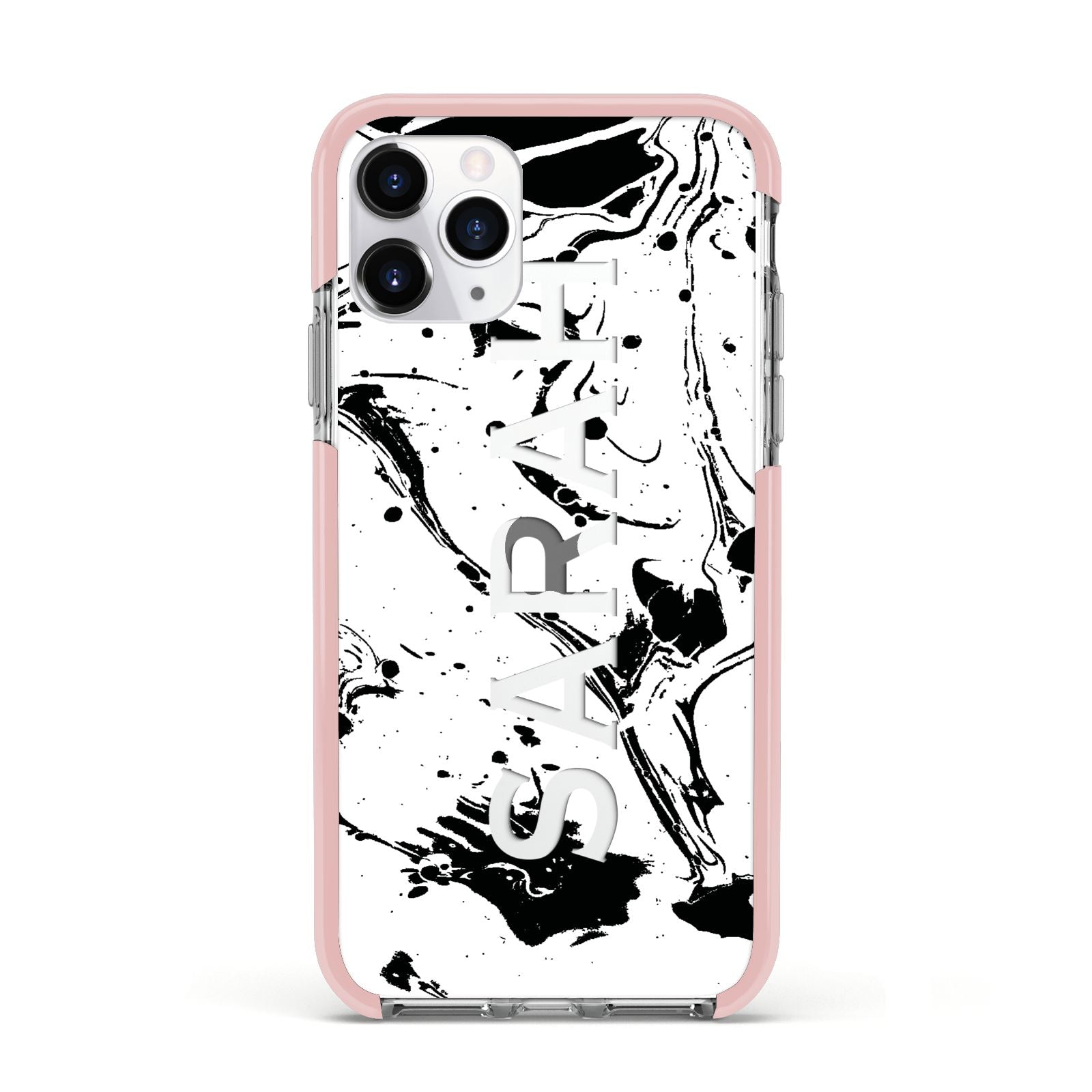 Personalised Clear Name Black Swirl Marble Custom Apple iPhone 11 Pro in Silver with Pink Impact Case