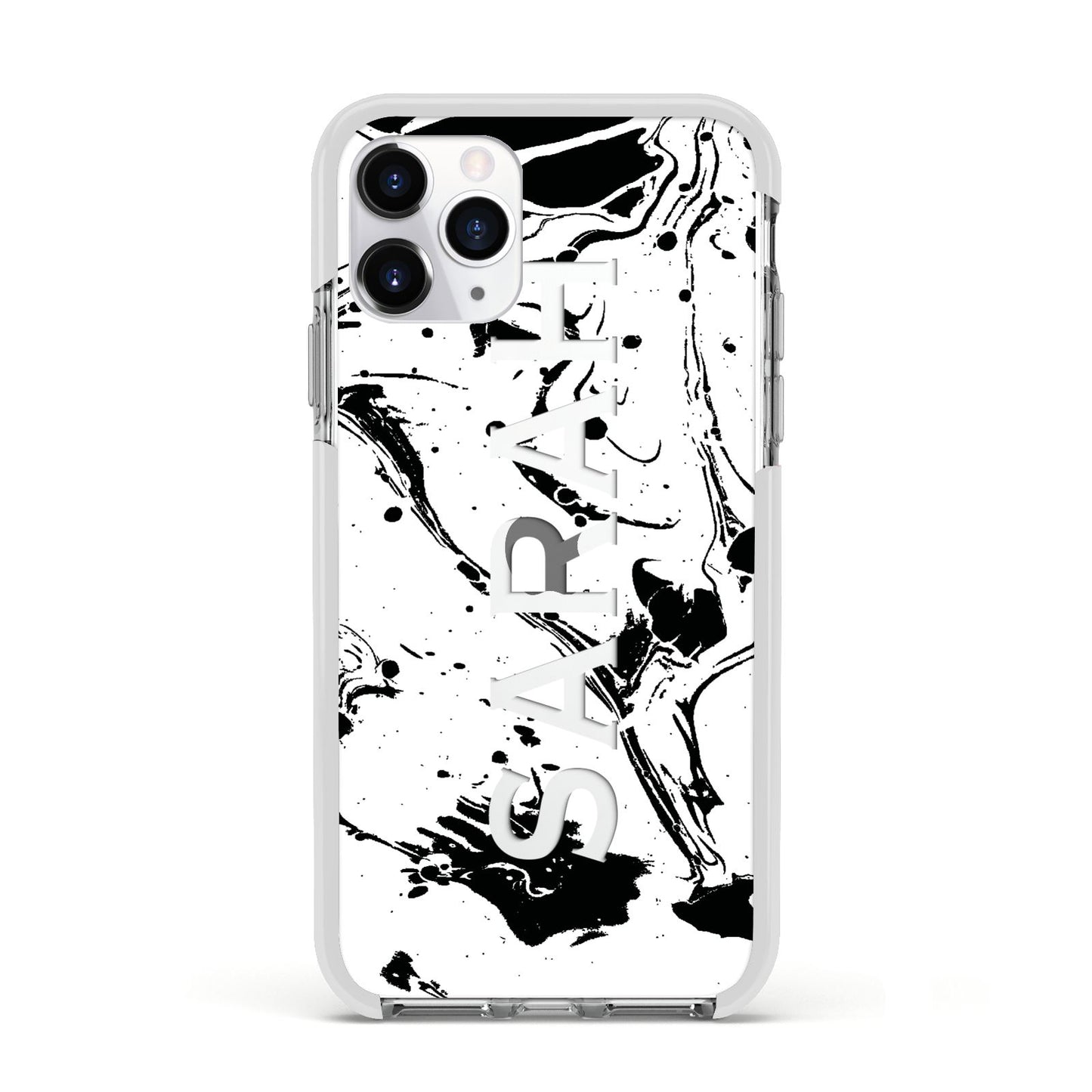 Personalised Clear Name Black Swirl Marble Custom Apple iPhone 11 Pro in Silver with White Impact Case