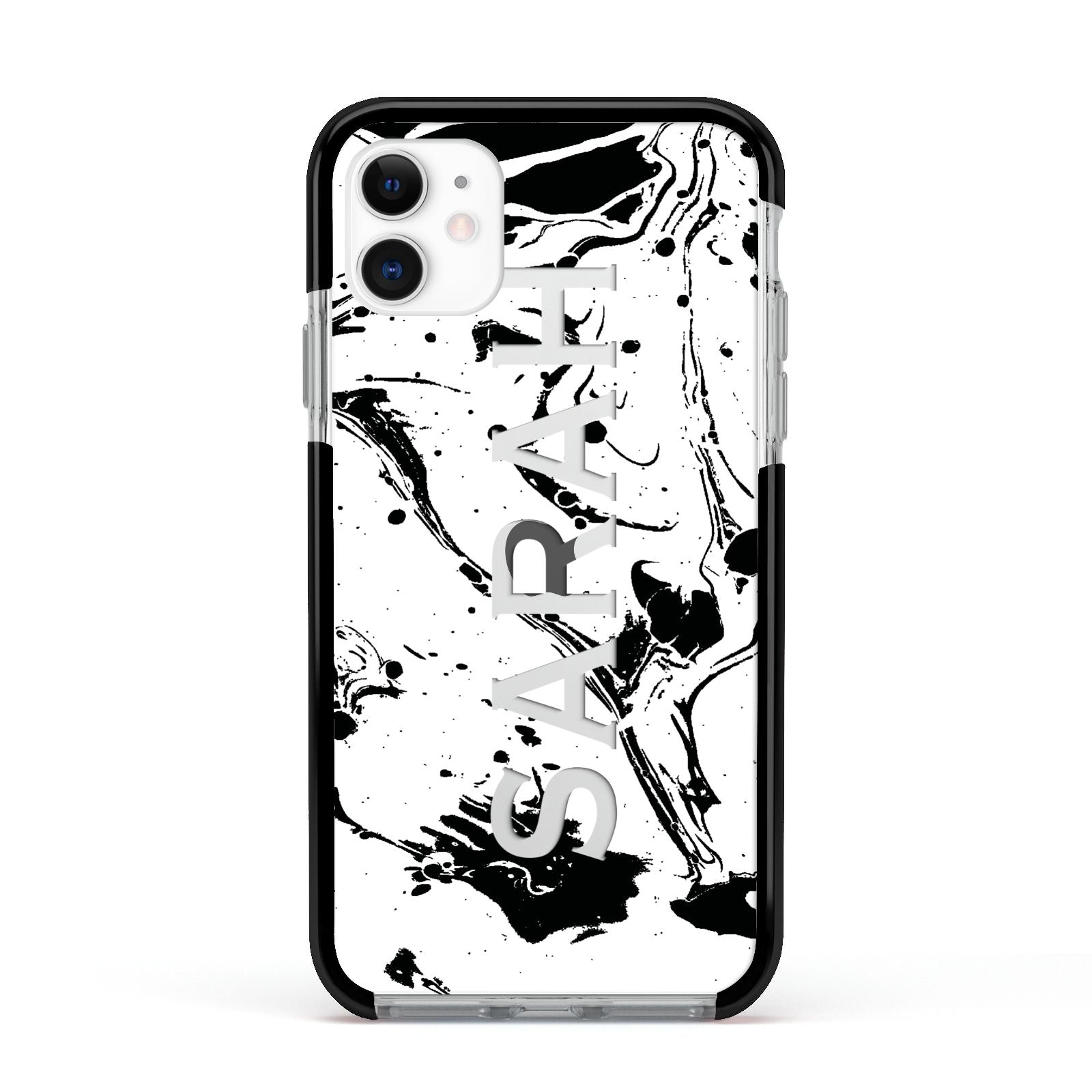 Personalised Clear Name Black Swirl Marble Custom Apple iPhone 11 in White with Black Impact Case