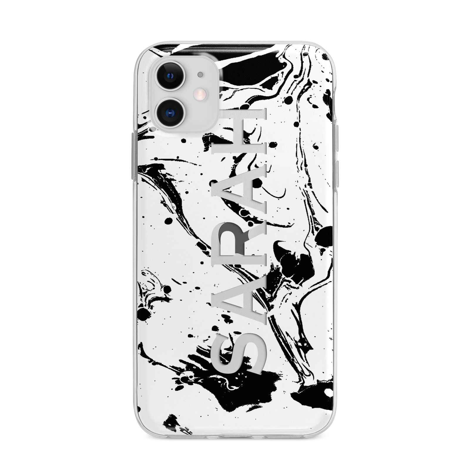 Personalised Clear Name Black Swirl Marble Custom Apple iPhone 11 in White with Bumper Case