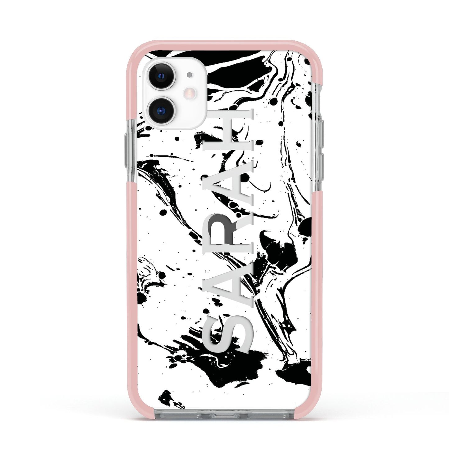 Personalised Clear Name Black Swirl Marble Custom Apple iPhone 11 in White with Pink Impact Case