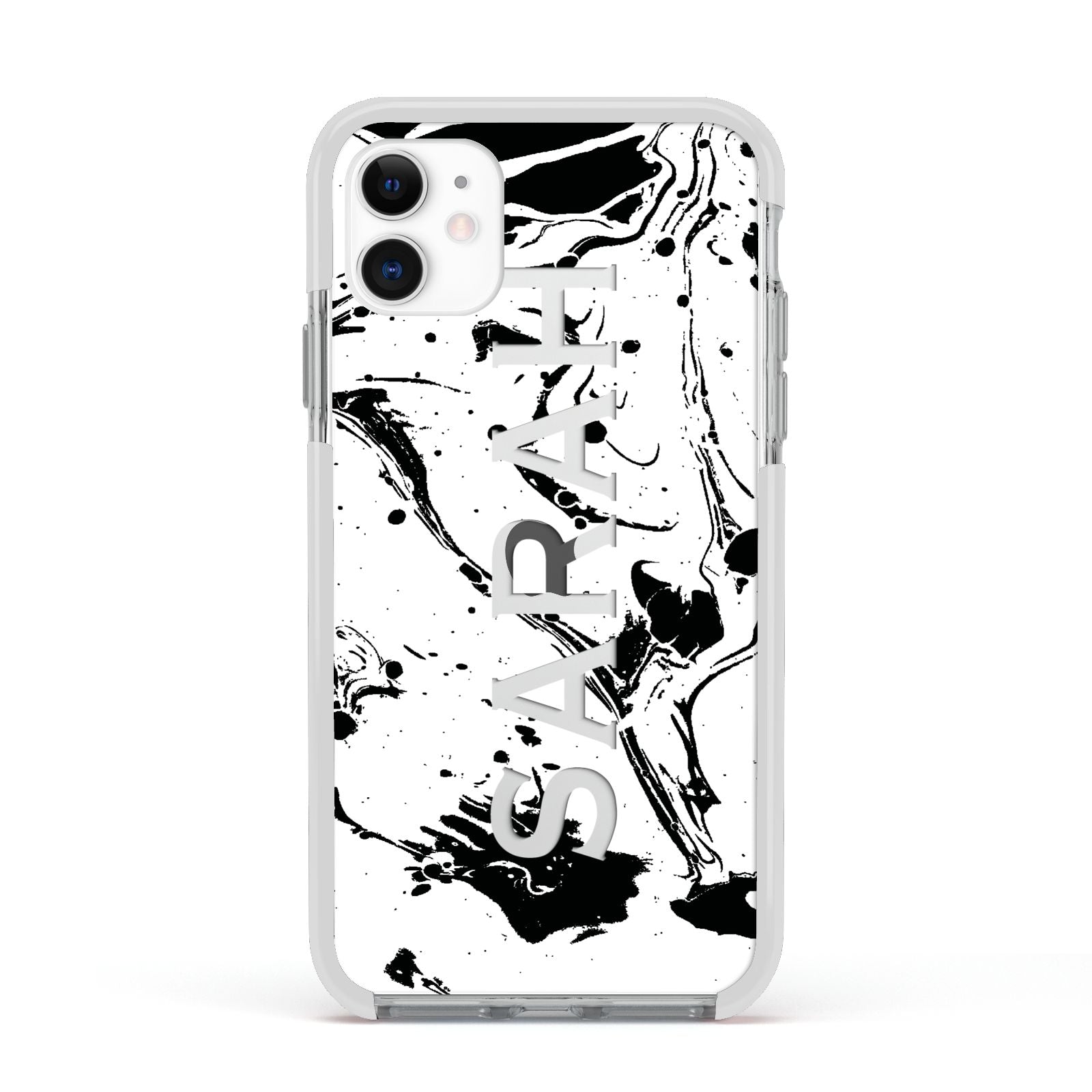 Personalised Clear Name Black Swirl Marble Custom Apple iPhone 11 in White with White Impact Case