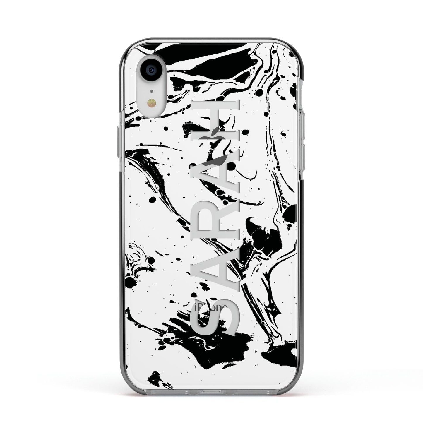 Personalised Clear Name Black Swirl Marble Custom Apple iPhone XR Impact Case Black Edge on Silver Phone