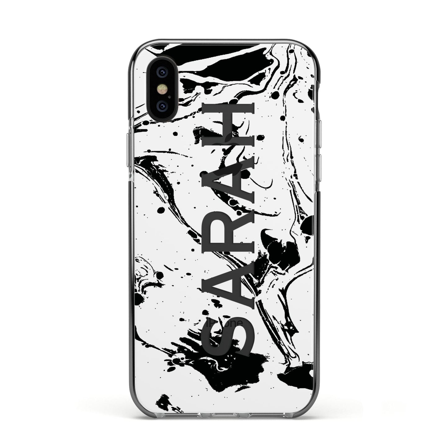 Personalised Clear Name Black Swirl Marble Custom Apple iPhone Xs Impact Case Black Edge on Black Phone