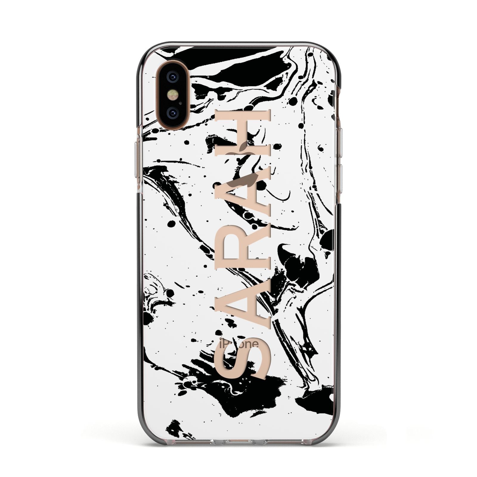 Personalised Clear Name Black Swirl Marble Custom Apple iPhone Xs Impact Case Black Edge on Gold Phone