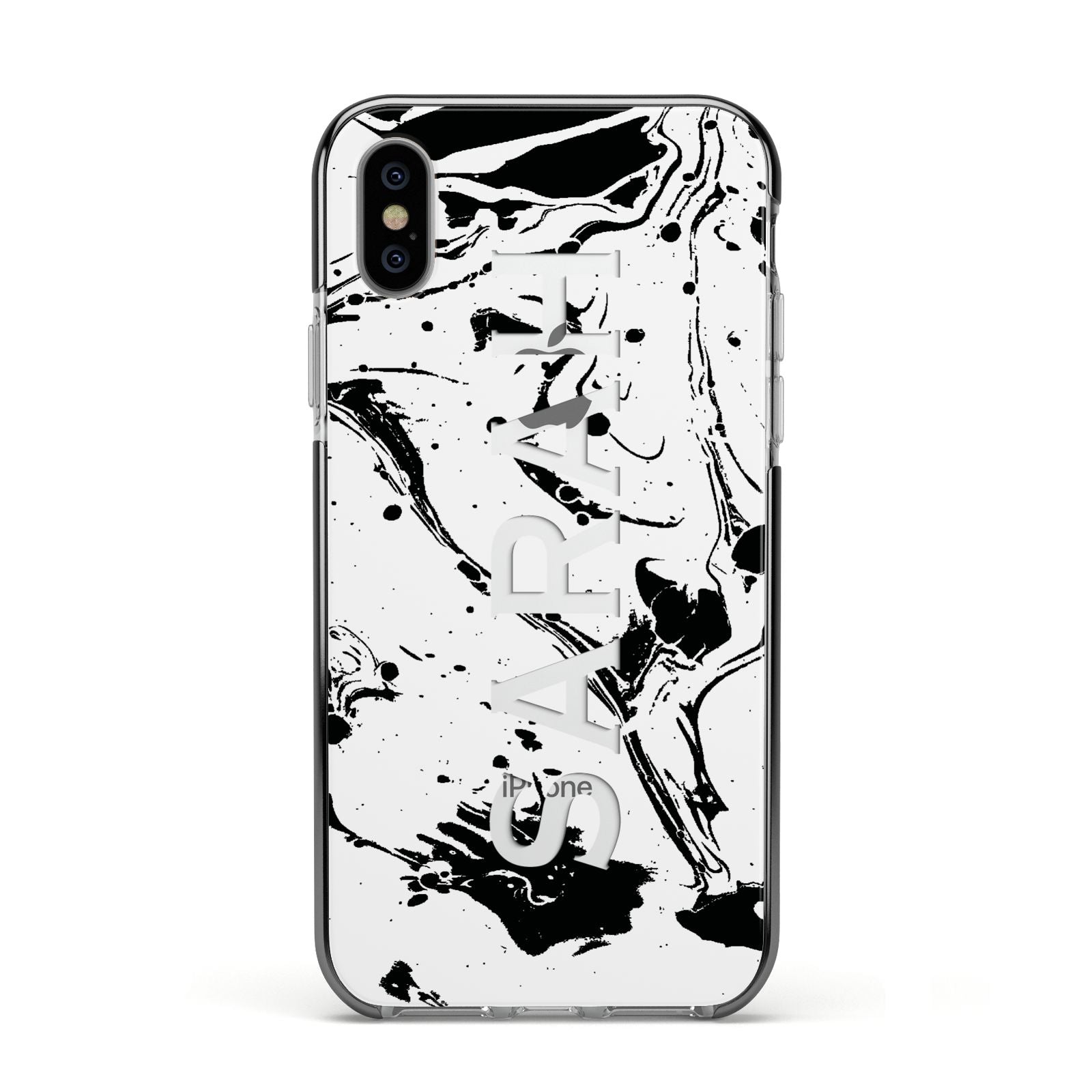 Personalised Clear Name Black Swirl Marble Custom Apple iPhone Xs Impact Case Black Edge on Silver Phone