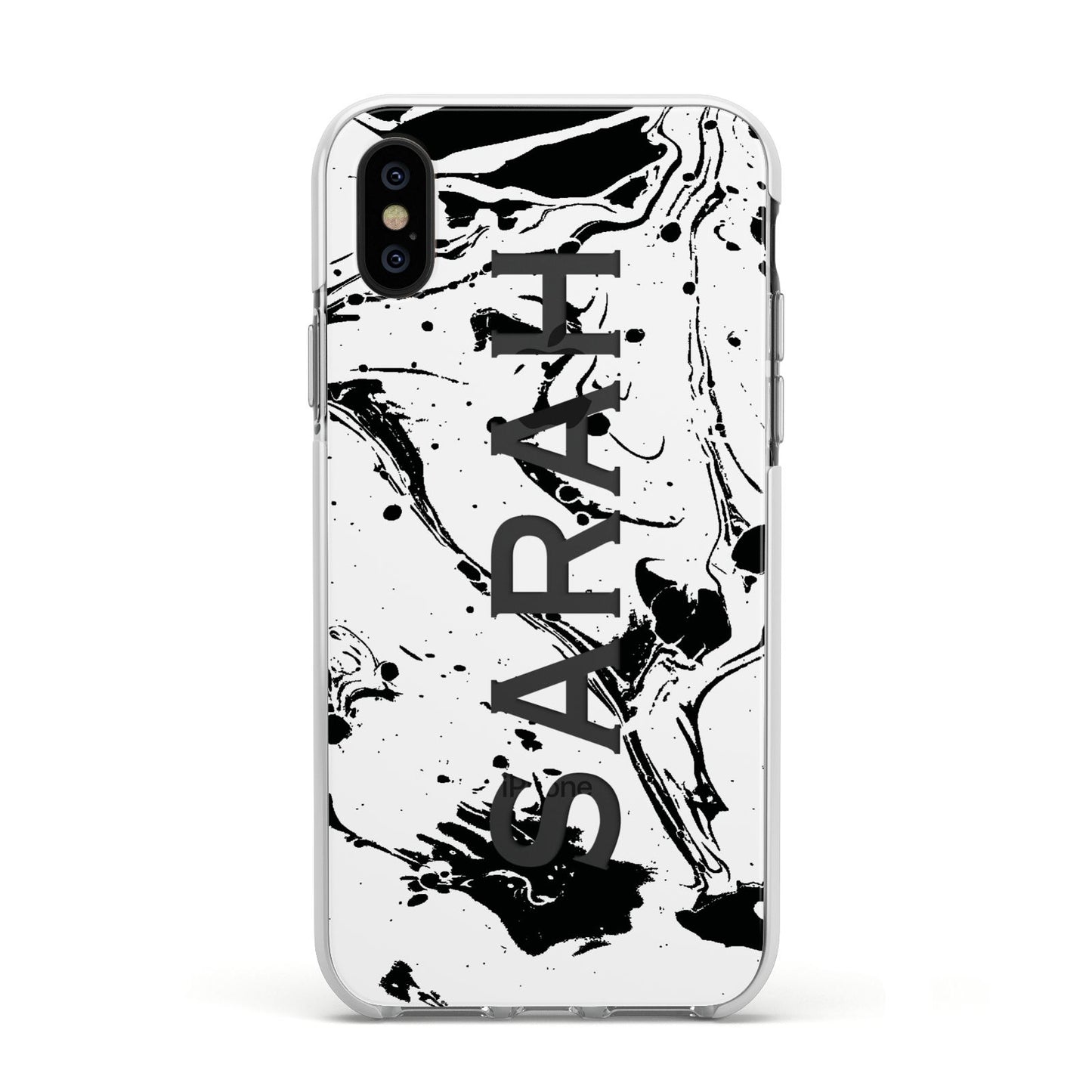 Personalised Clear Name Black Swirl Marble Custom Apple iPhone Xs Impact Case White Edge on Black Phone