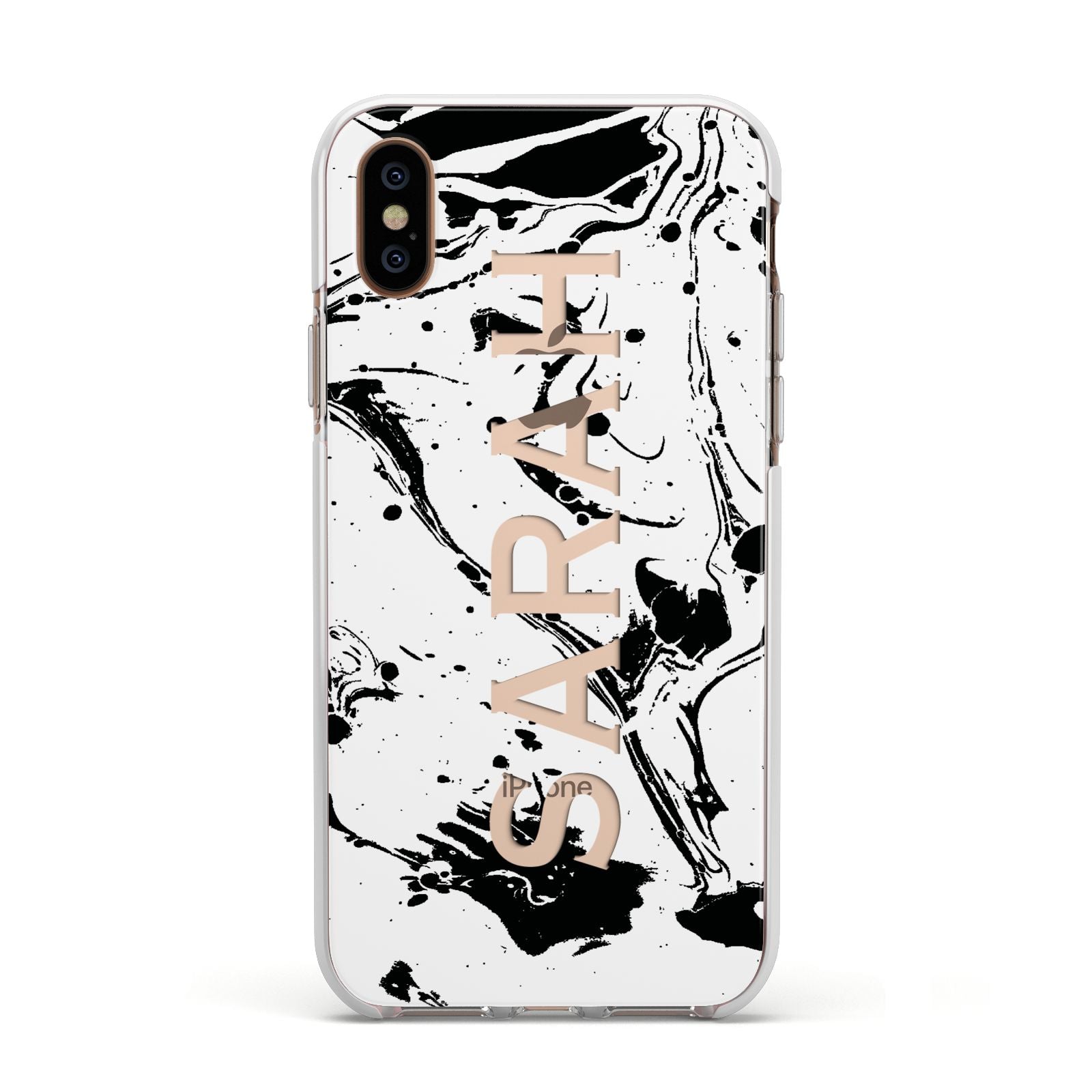 Personalised Clear Name Black Swirl Marble Custom Apple iPhone Xs Impact Case White Edge on Gold Phone