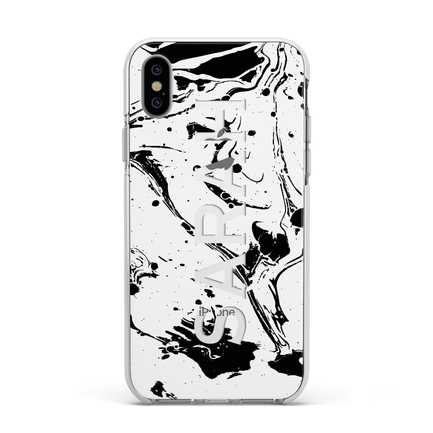 Personalised Clear Name Black Swirl Marble Custom Apple iPhone Xs Impact Case White Edge on Silver Phone