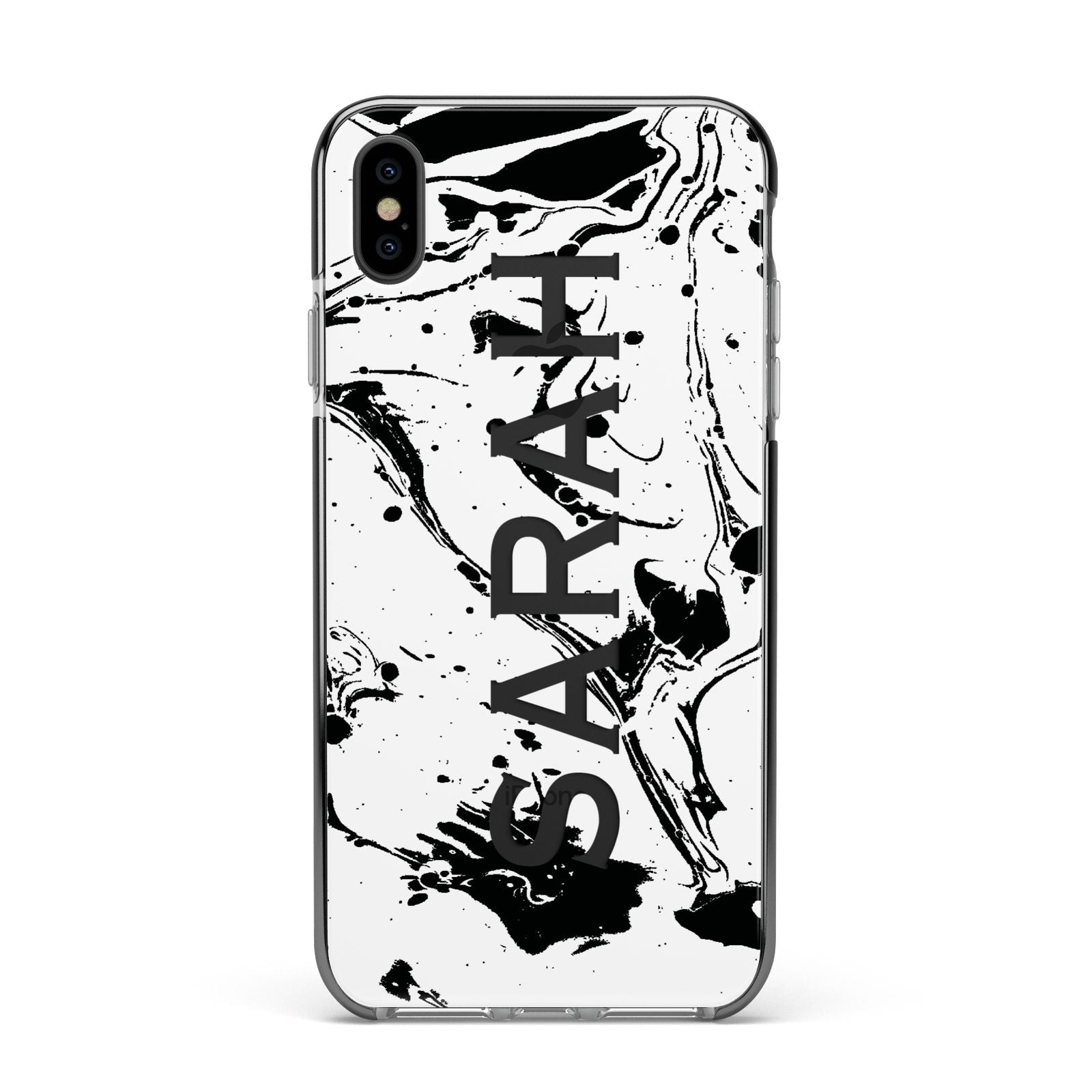 Personalised Clear Name Black Swirl Marble Custom Apple iPhone Xs Max Impact Case Black Edge on Black Phone