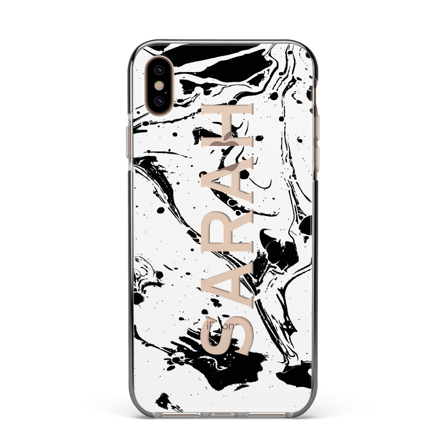 Personalised Clear Name Black Swirl Marble Custom Apple iPhone Xs Max Impact Case Black Edge on Gold Phone