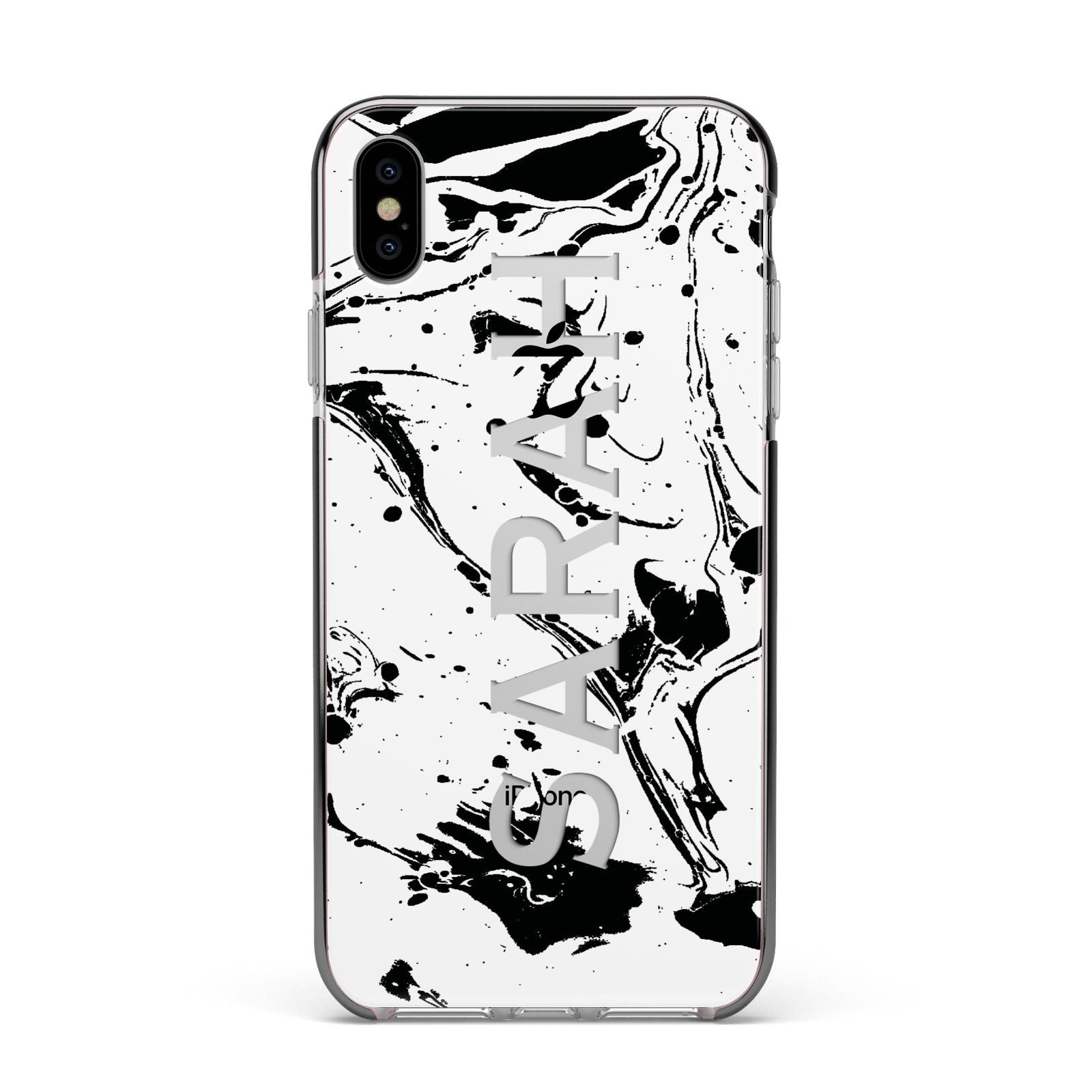 Personalised Clear Name Black Swirl Marble Custom Apple iPhone Xs Max Impact Case Black Edge on Silver Phone